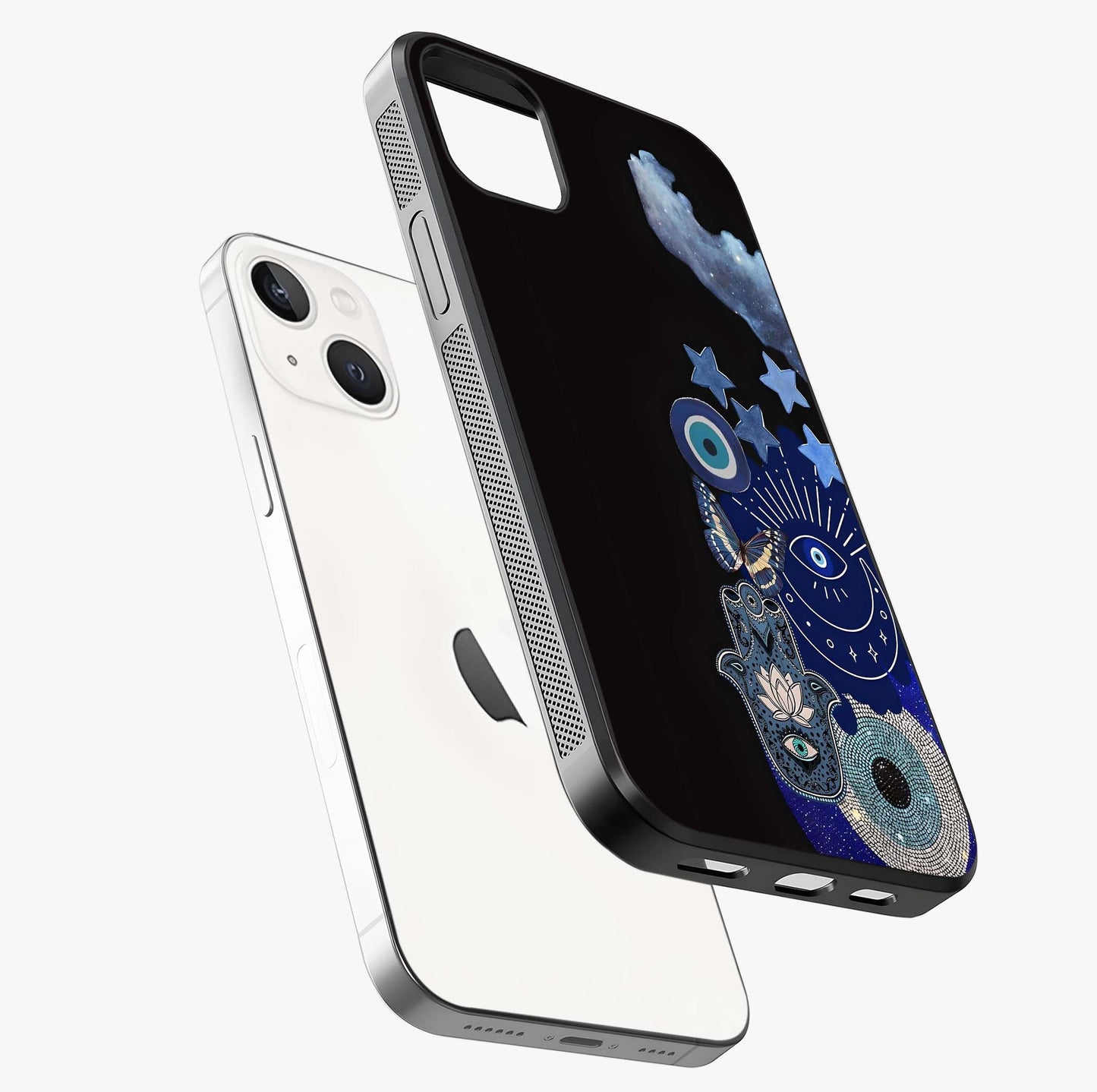 Galactic Charm Cluster Glass Case laid diagonally highlighting side profile, edges and glossy glass shine.