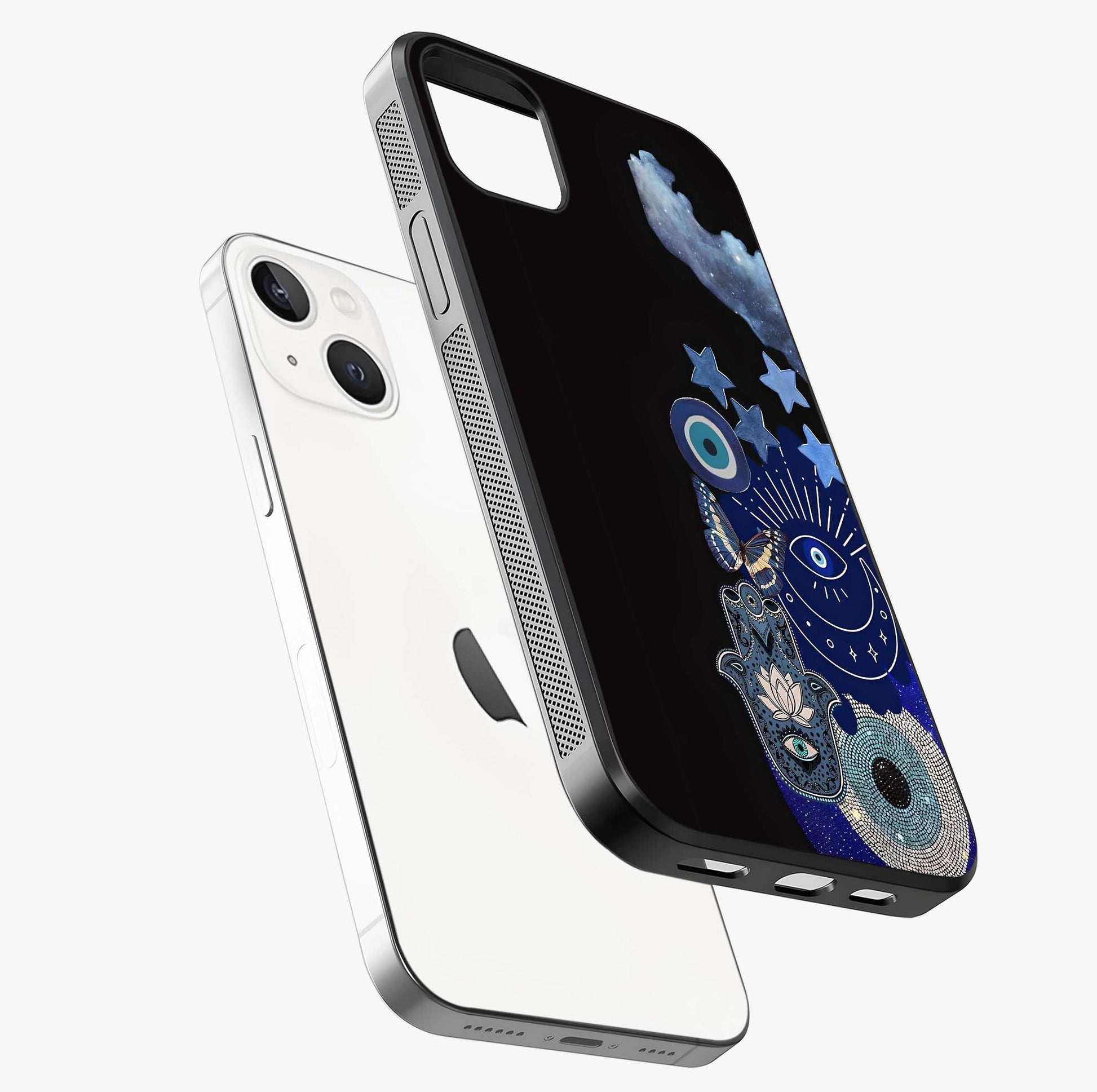 Galactic Charm Cluster Glass Case laid diagonally highlighting side profile, edges and glossy glass shine.