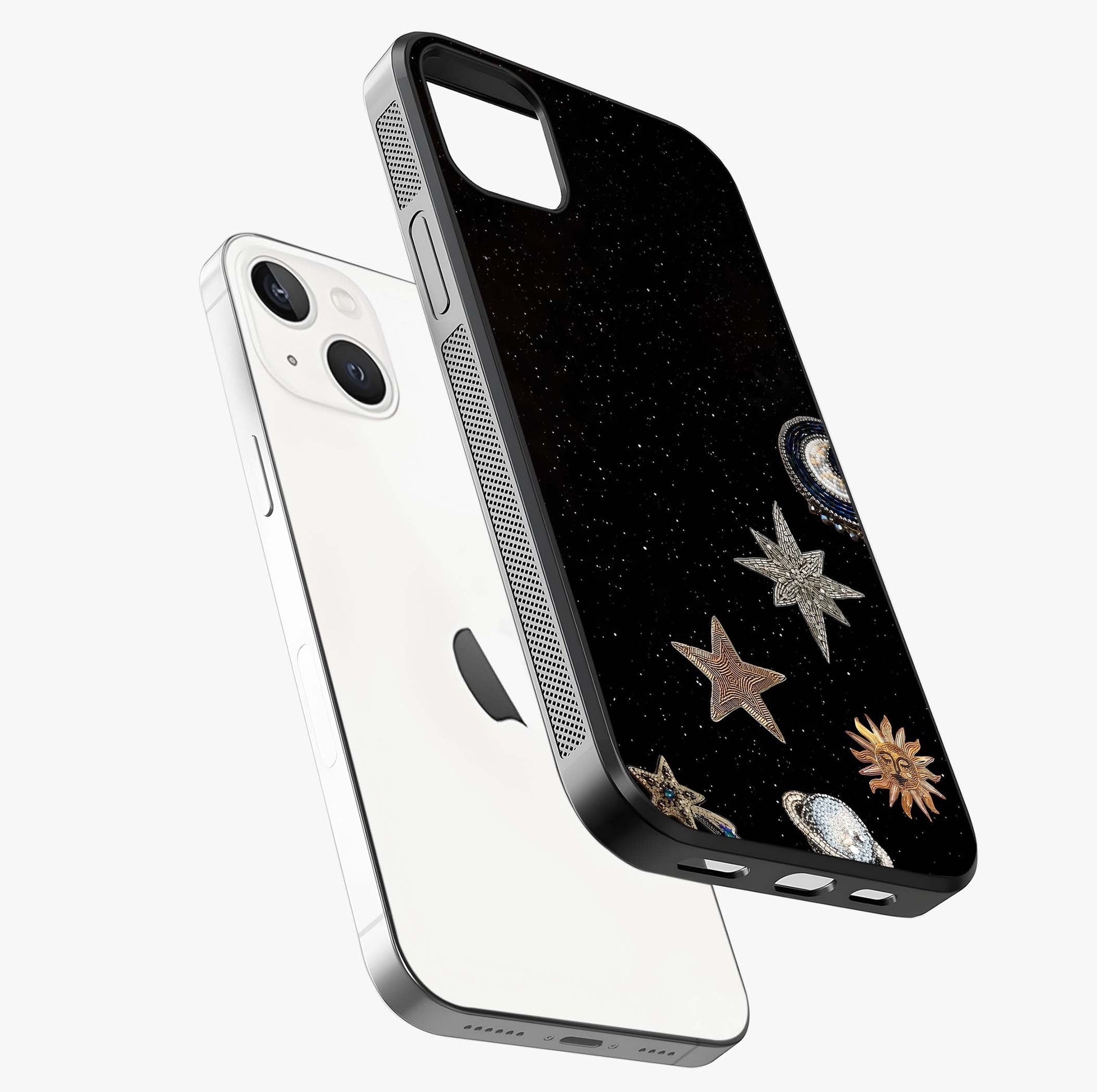 Galactic Charm Glow Glass Case laid diagonally highlighting side profile, edges and glossy glass shine.