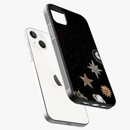 Galactic Charm Glow Glass Case laid diagonally highlighting side profile, edges and glossy glass shine.