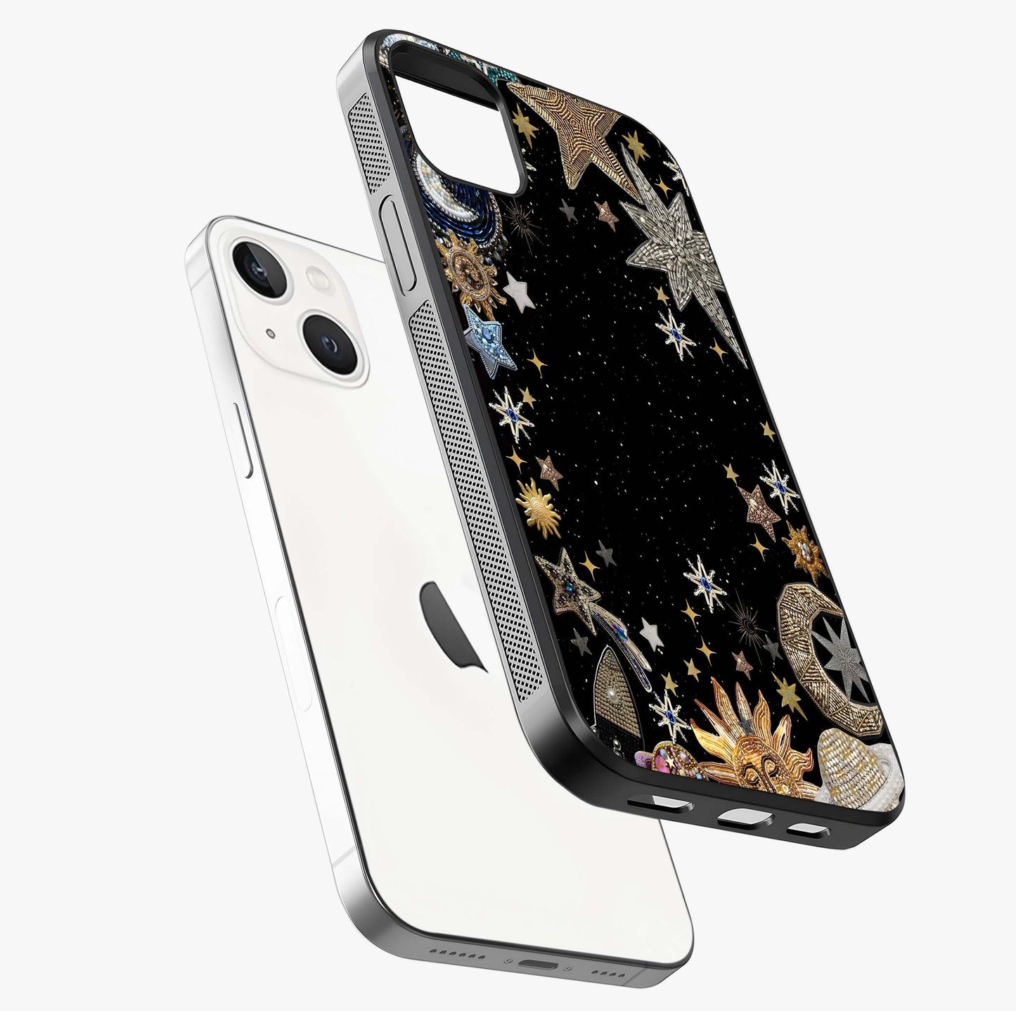 Galactic Jewel Stars Glass Case laid diagonally highlighting side profile, edges and glossy glass shine.