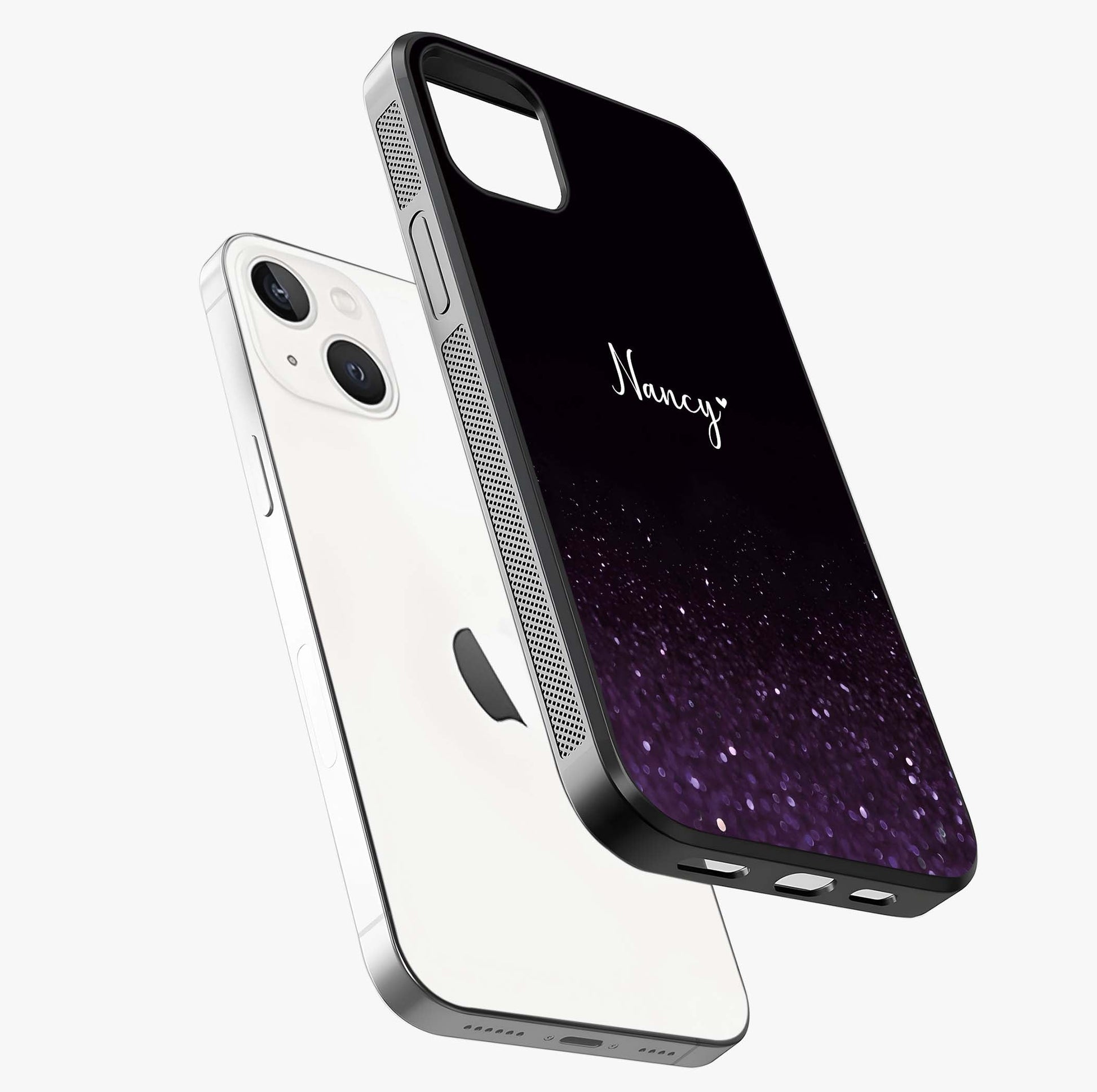 Glittery Purple Bokeh Custom Name Glass Case laid diagonally highlighting side profile, edges and glossy glass shine.