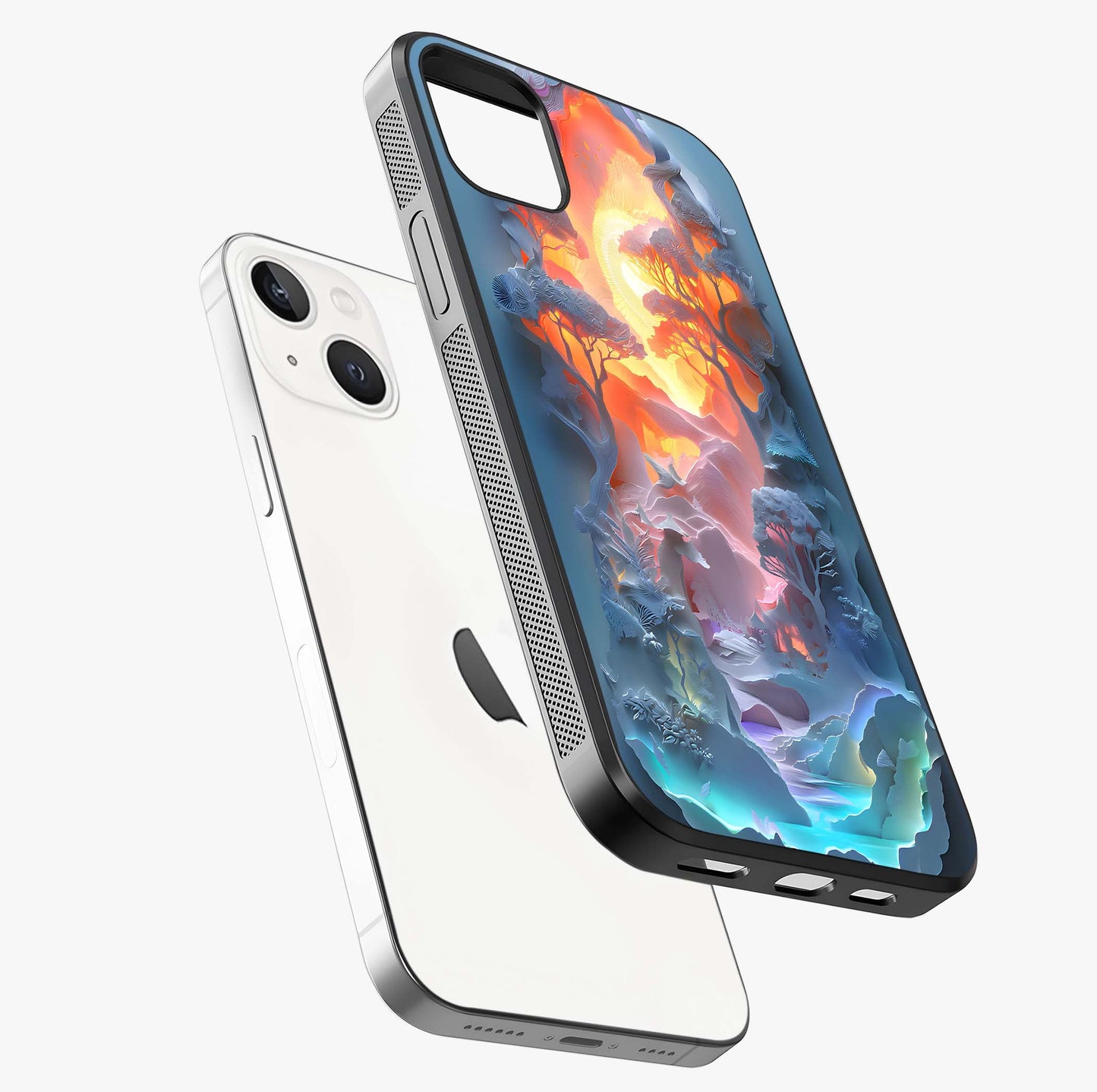 Glow Forest Portal Glass Case laid diagonally highlighting side profile, edges and glossy glass shine.