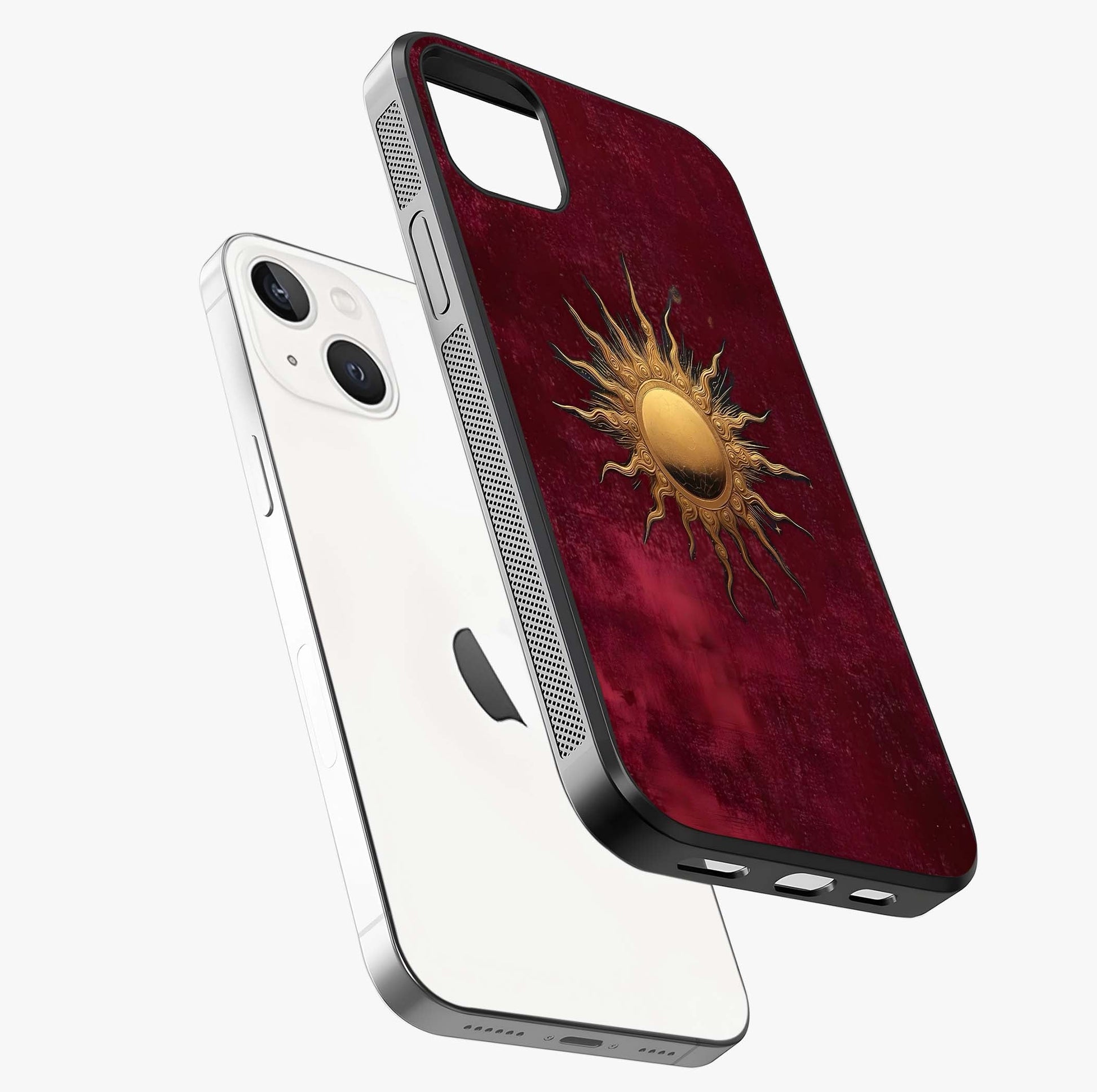 Gold Sun Blush Glass Case laid diagonally highlighting side profile, edges and glossy glass shine.