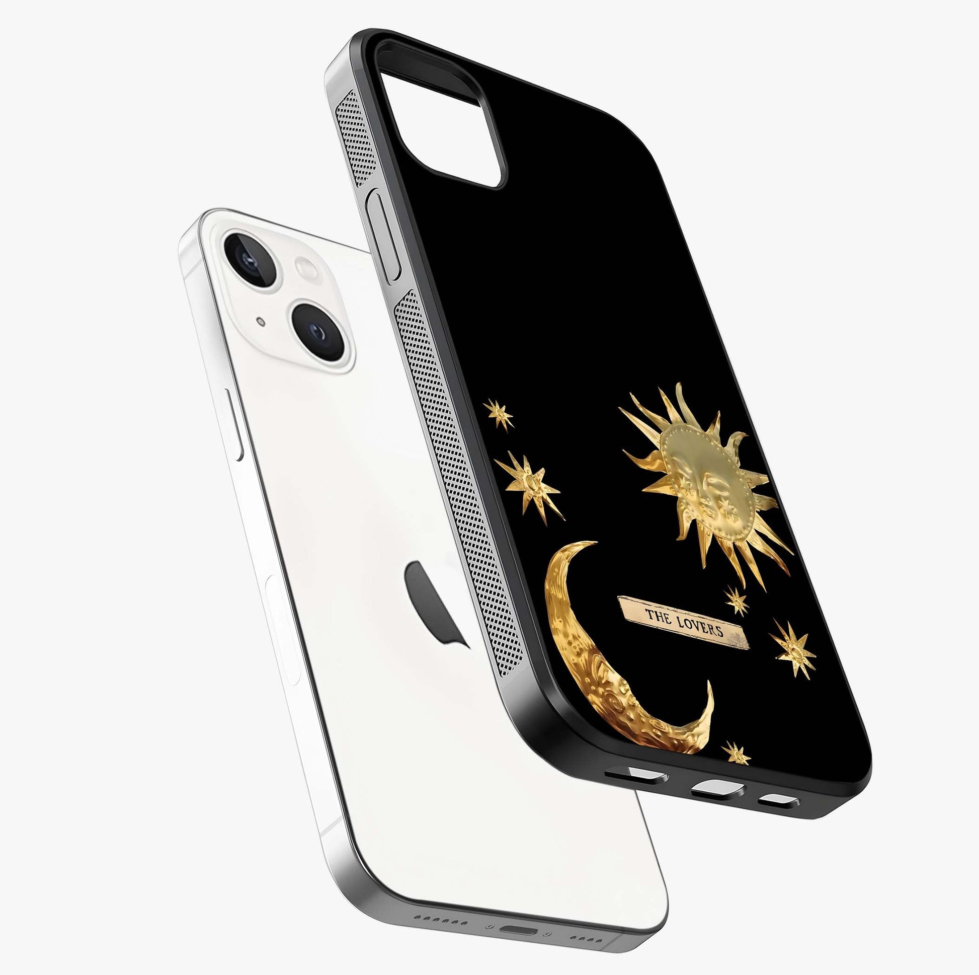 Golden Celestial Charm Glass Case laid diagonally highlighting side profile, edges and glossy glass shine.