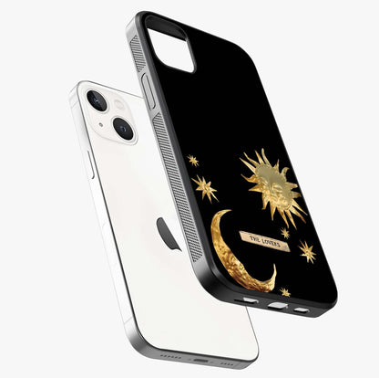 Golden Celestial Charm Glass Case laid diagonally highlighting side profile, edges and glossy glass shine.