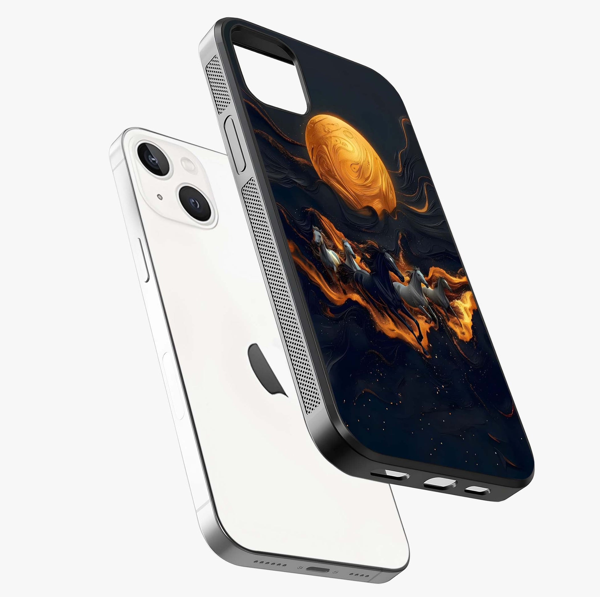 Golden Stallion Moonride Glass Case laid diagonally highlighting side profile, edges and glossy glass shine.