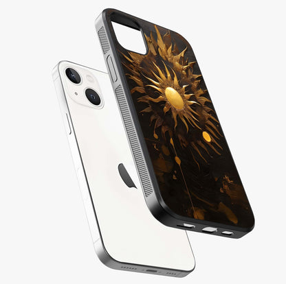 Golden Sun Majesty Glass Case laid diagonally highlighting side profile, edges and glossy glass shine.