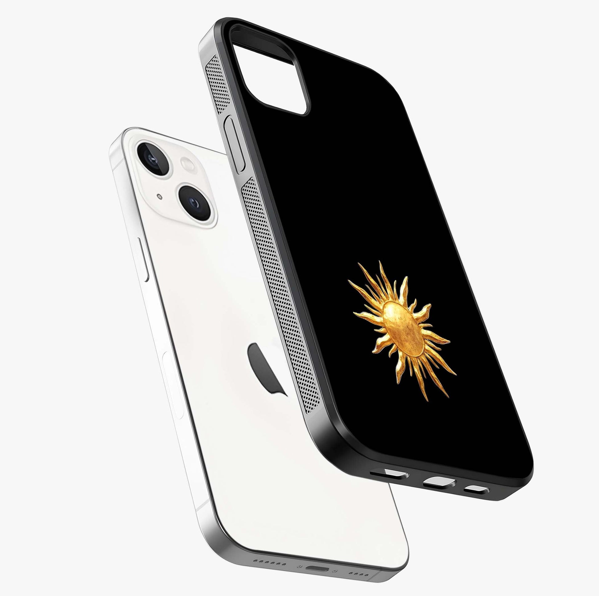 Golden Sun Minimalism Glass Case laid diagonally highlighting side profile, edges and glossy glass shine.