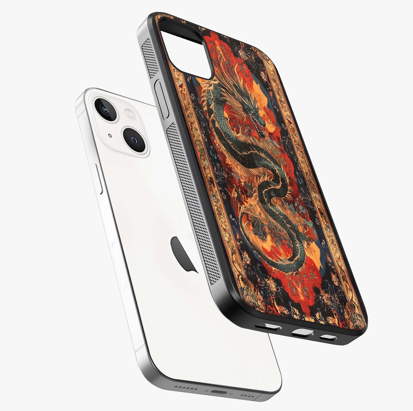 Inferno Dragon Soul Glass Case laid diagonally highlighting side profile, edges and glossy glass shine.