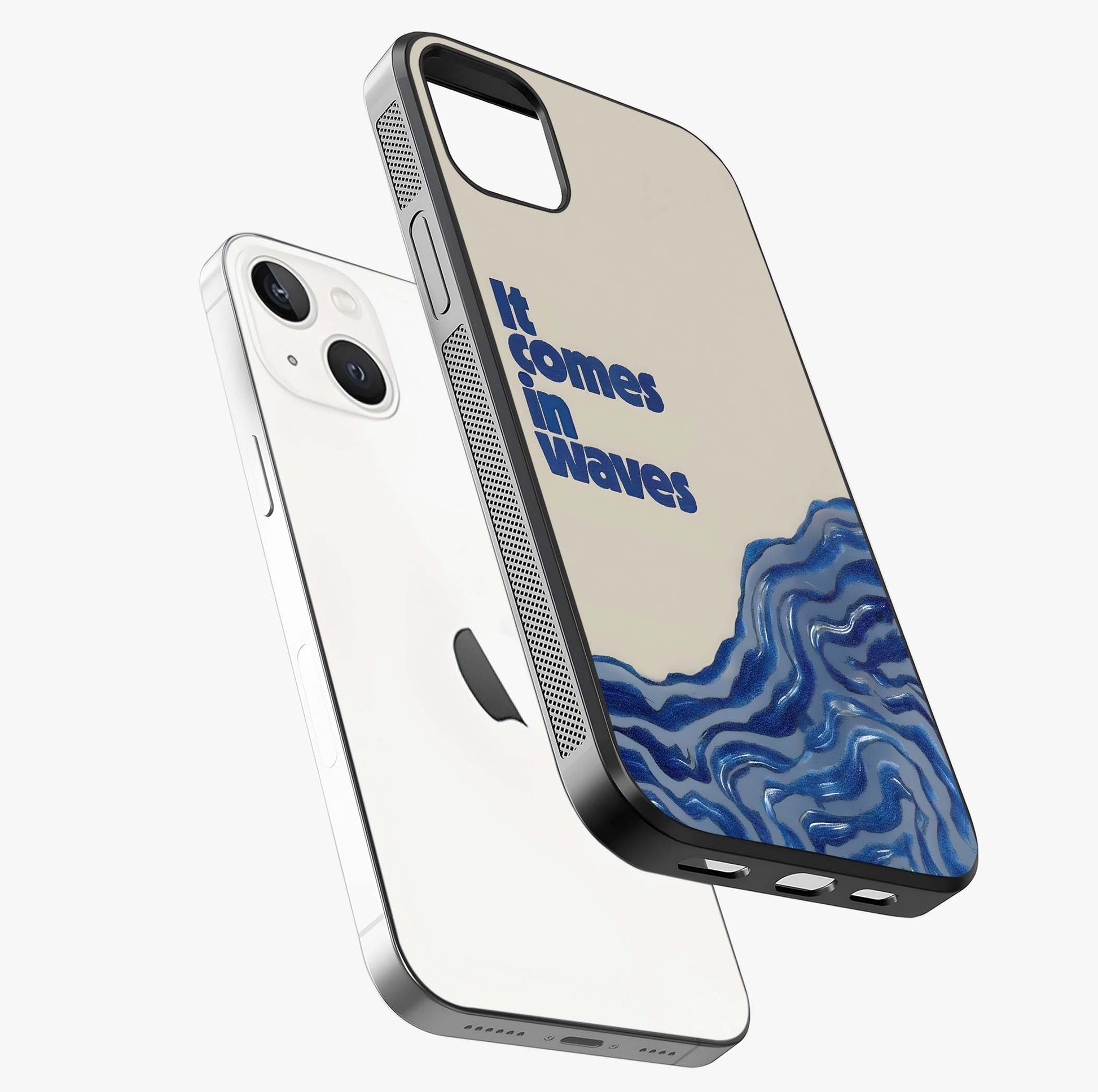 It Comes In Waves Quote Glass Case laid diagonally highlighting side profile, edges and glossy glass shine.