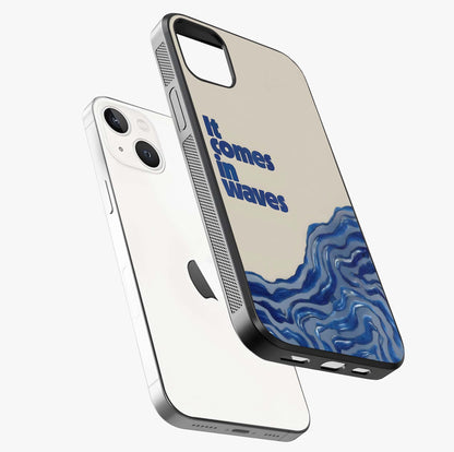 It Comes In Waves Quote Glass Case laid diagonally highlighting side profile, edges and glossy glass shine.