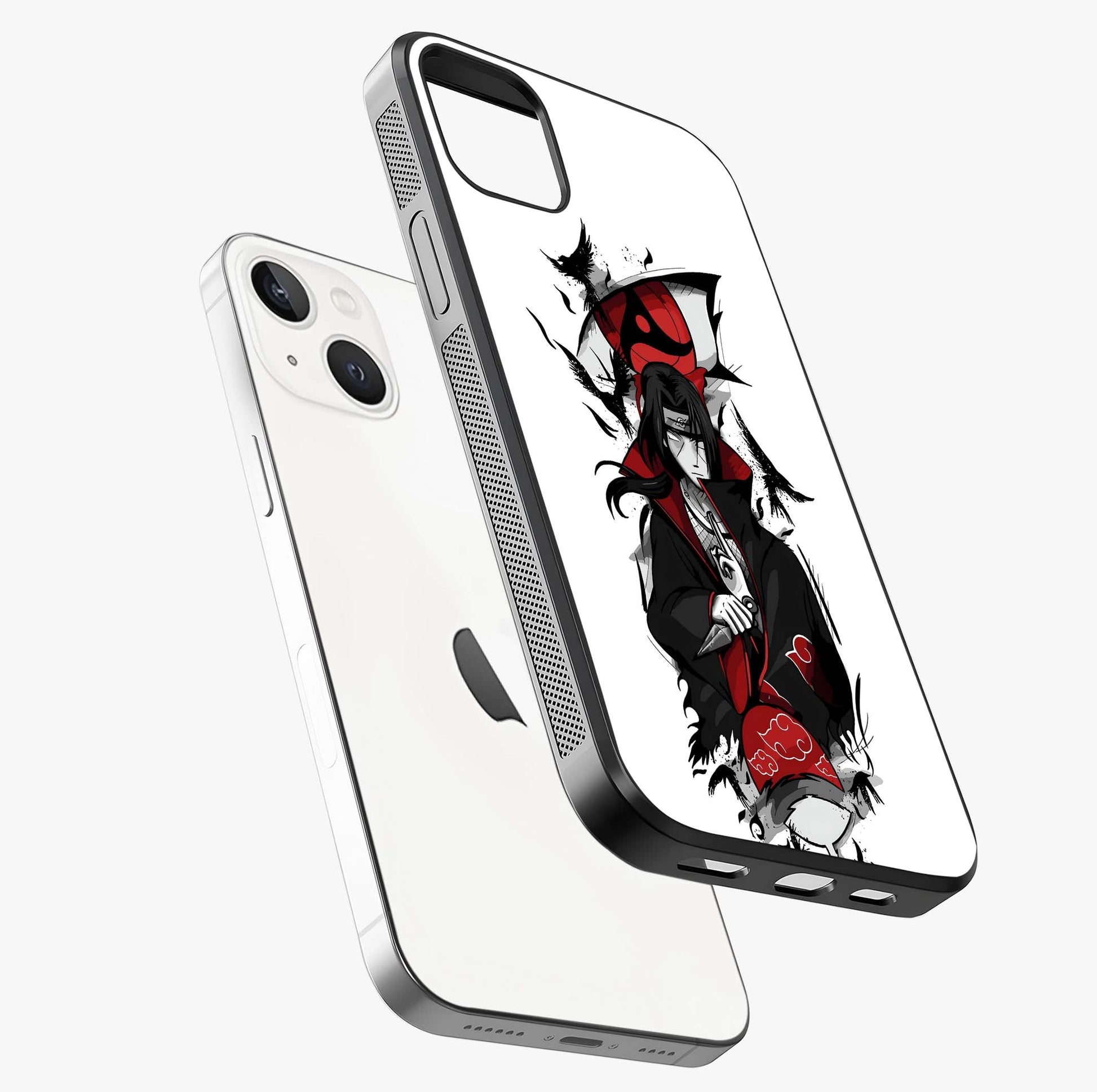 Itachi Sharingan Glass Case laid diagonally highlighting side profile, edges and glossy glass shine.