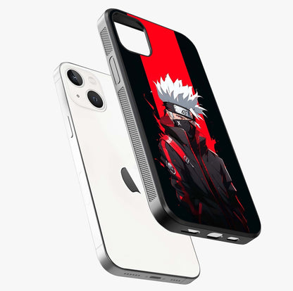 Kakashi Scarlet Shadow Glass Case laid diagonally highlighting side profile, edges and glossy glass shine.