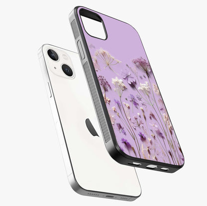 Lavender Blossom Dream Glass Case laid diagonally highlighting side profile, edges and glossy glass shine.