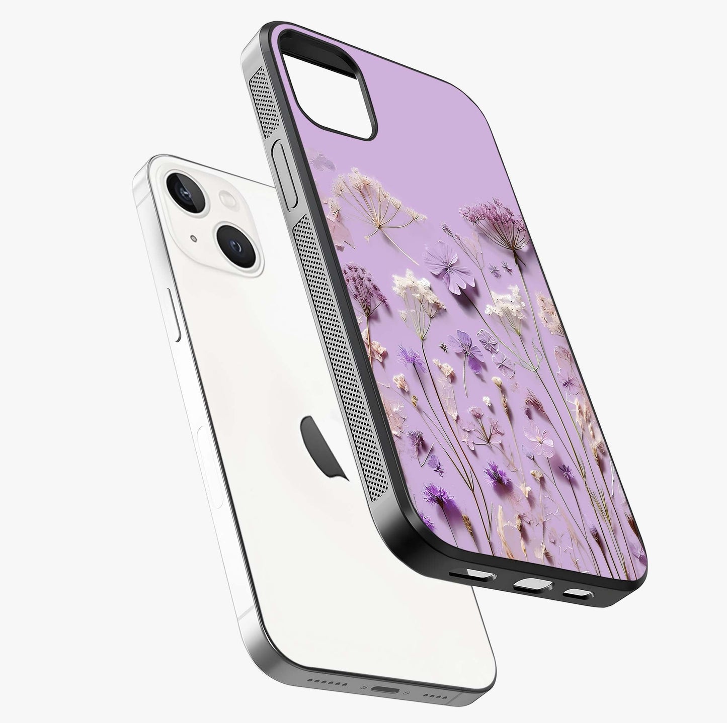 Lavender Blossom Dream Glass Case laid diagonally highlighting side profile, edges and glossy glass shine.