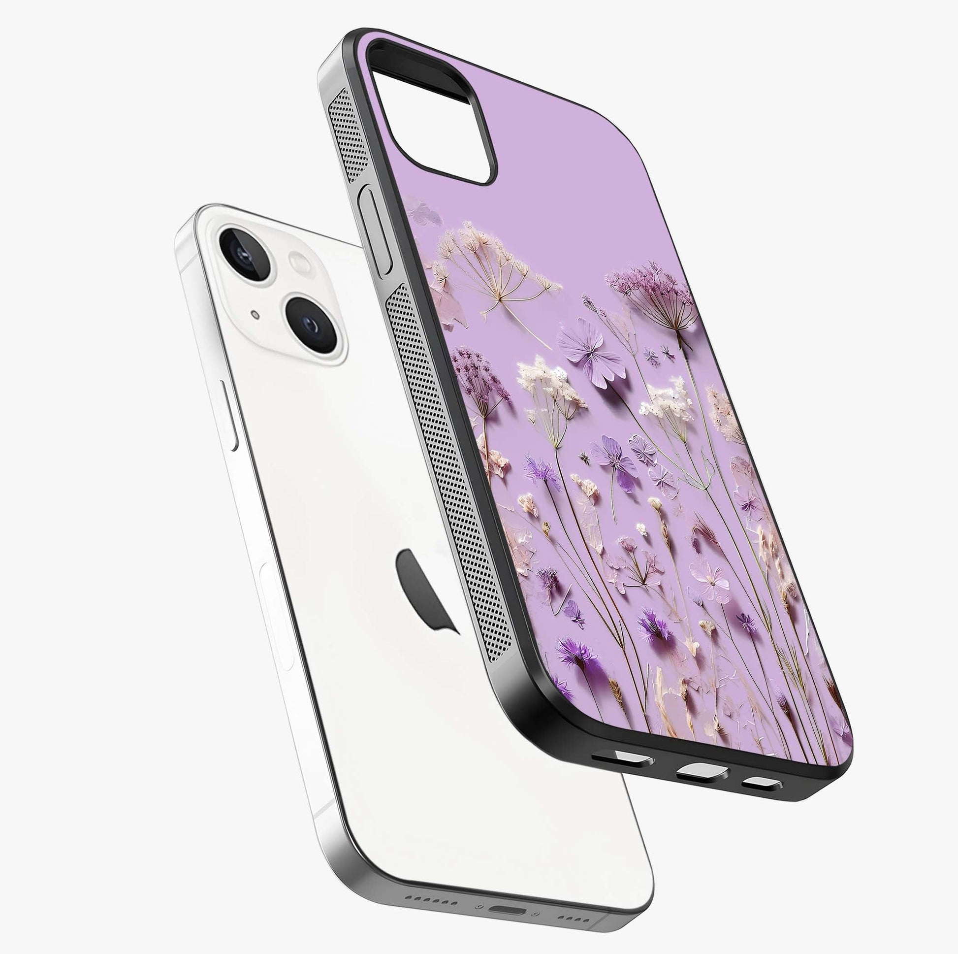 Lavender Blossom Dream Glass Case laid diagonally highlighting side profile, edges and glossy glass shine.