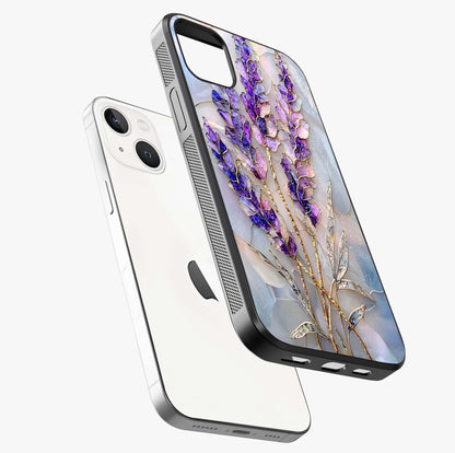 Lavender Dream Glow Glass Case laid diagonally highlighting side profile, edges and glossy glass shine.