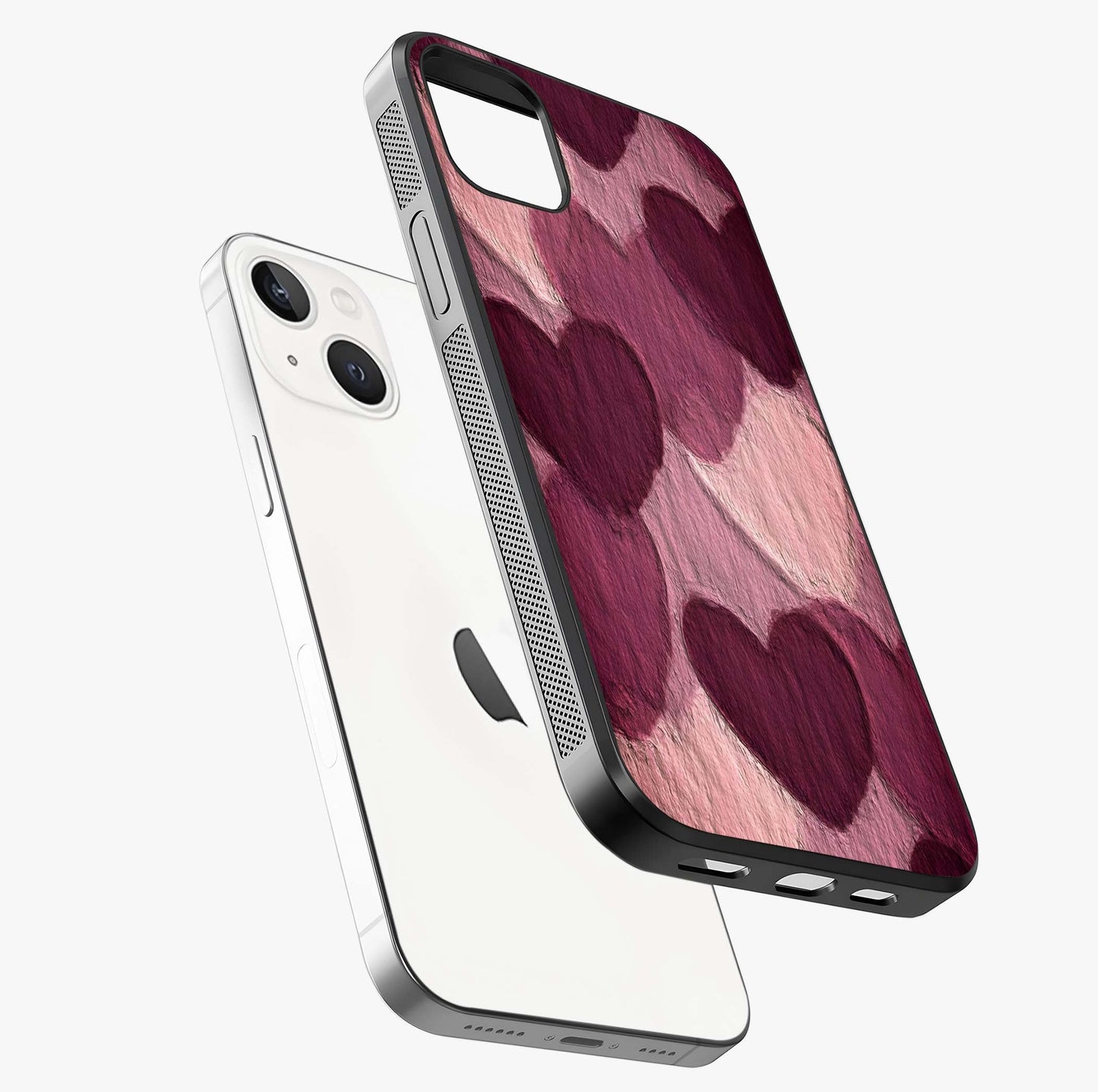 Layered Paper Hearts Glass Case laid diagonally highlighting side profile, edges and glossy glass shine.