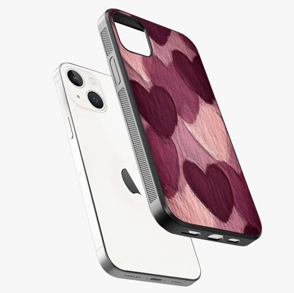 Layered Paper Hearts Glass Case laid diagonally highlighting side profile, edges and glossy glass shine.