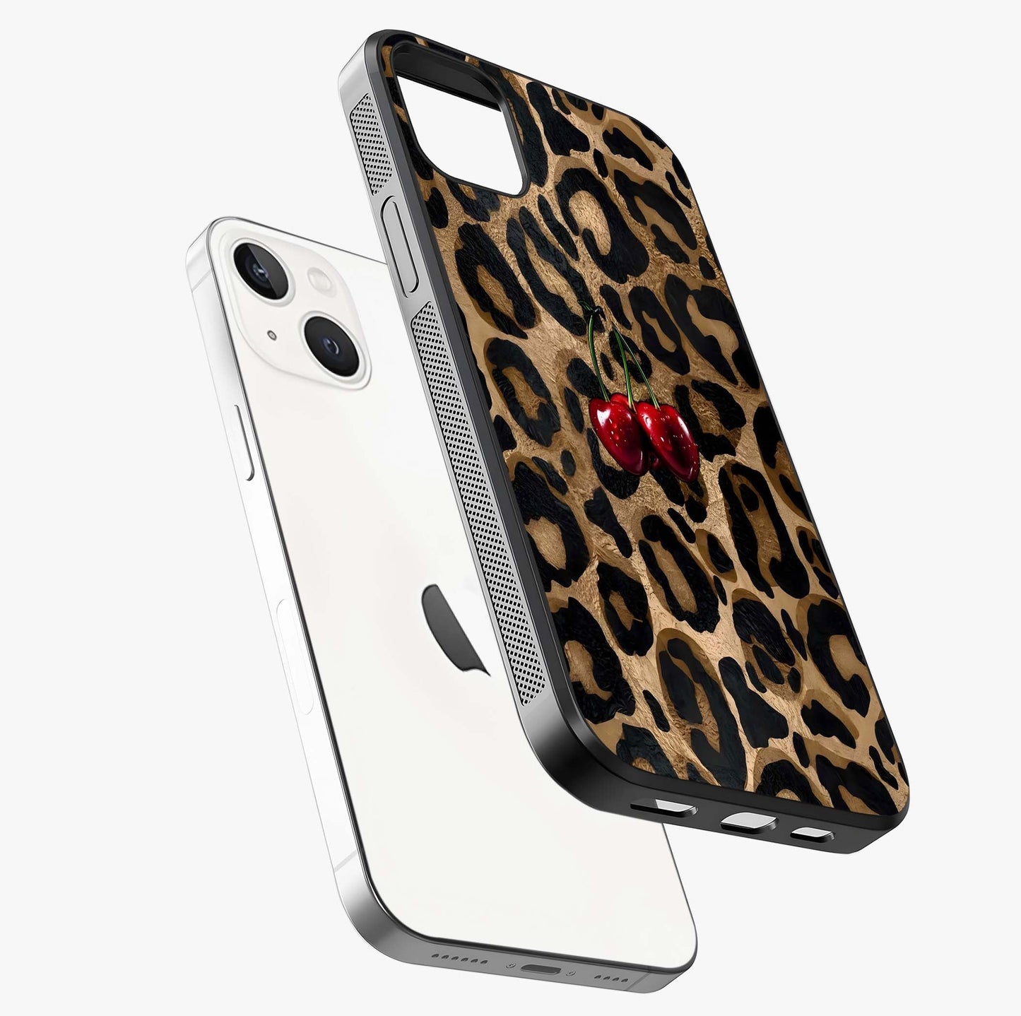 Leopard Wild Cherry Glass Case laid diagonally highlighting side profile, edges and glossy glass shine.