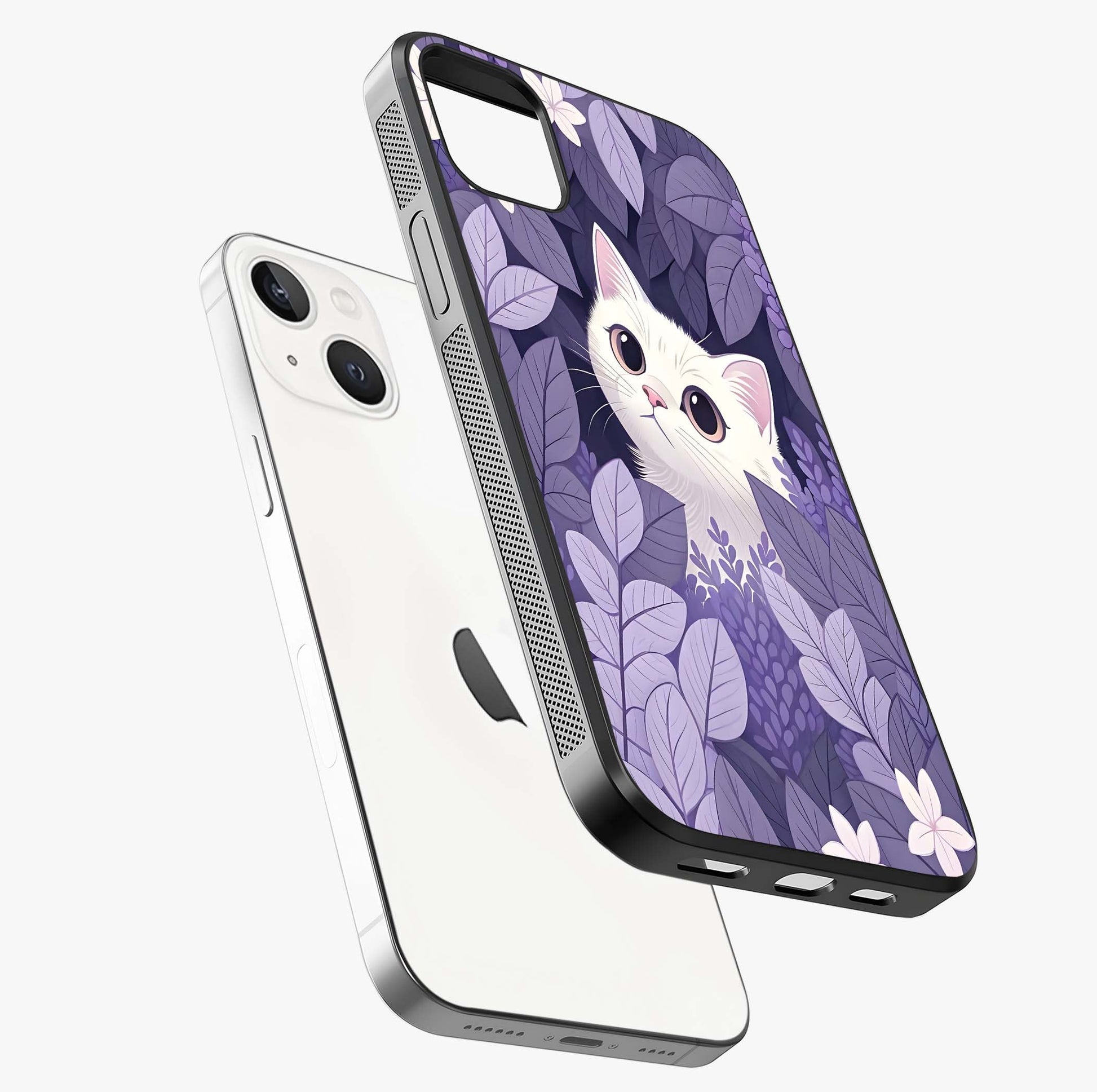 Lilac Hide Peek Cat Glass Case laid diagonally highlighting side profile, edges and glossy glass shine.