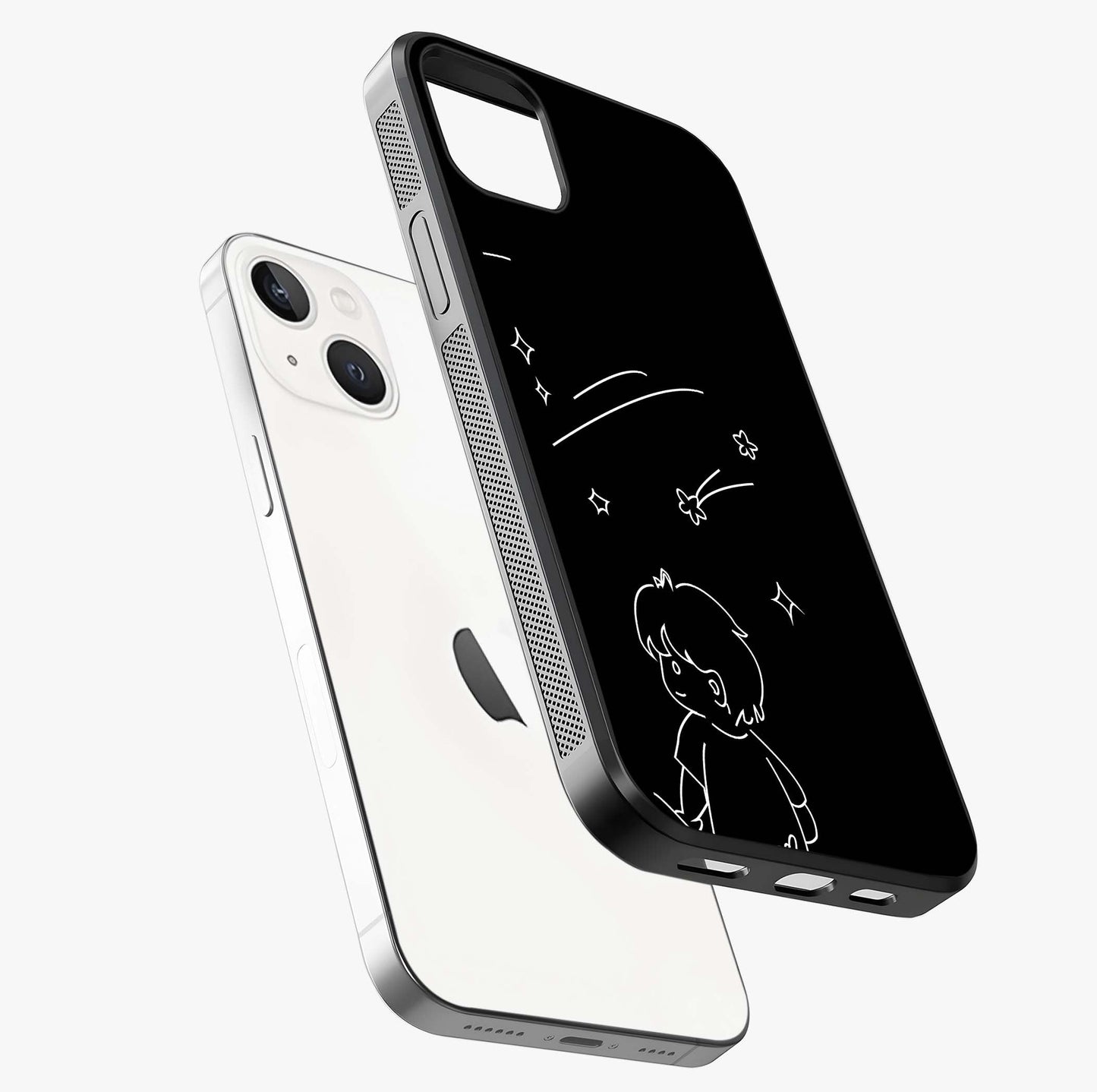 Line Art Boy With Shooting Stars Glass Case laid diagonally highlighting side profile, edges and glossy glass shine.