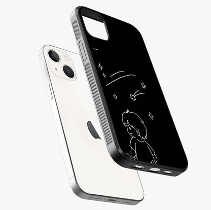 Line Art Boy With Shooting Stars Glass Case laid diagonally highlighting side profile, edges and glossy glass shine.