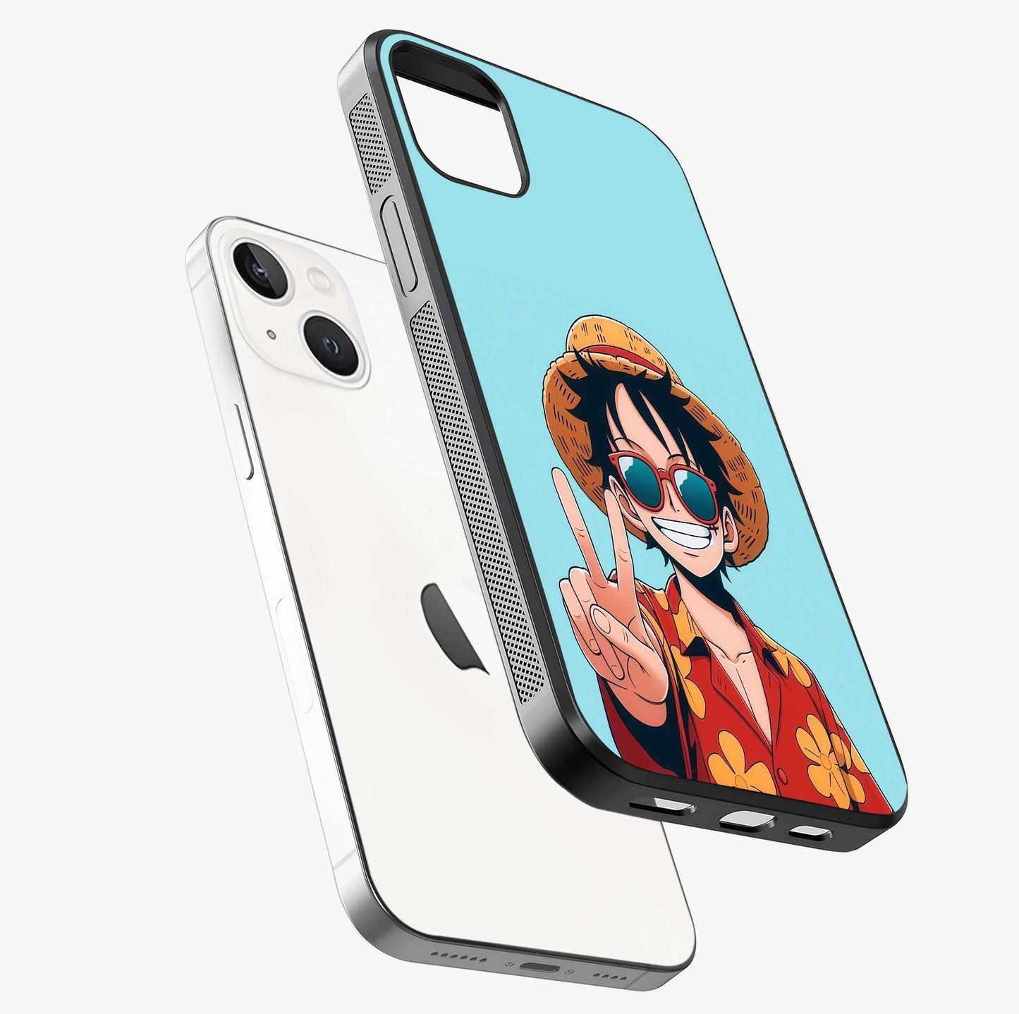 Luffy Summer Anime Vibe Glass Case laid diagonally highlighting side profile, edges and glossy glass shine.