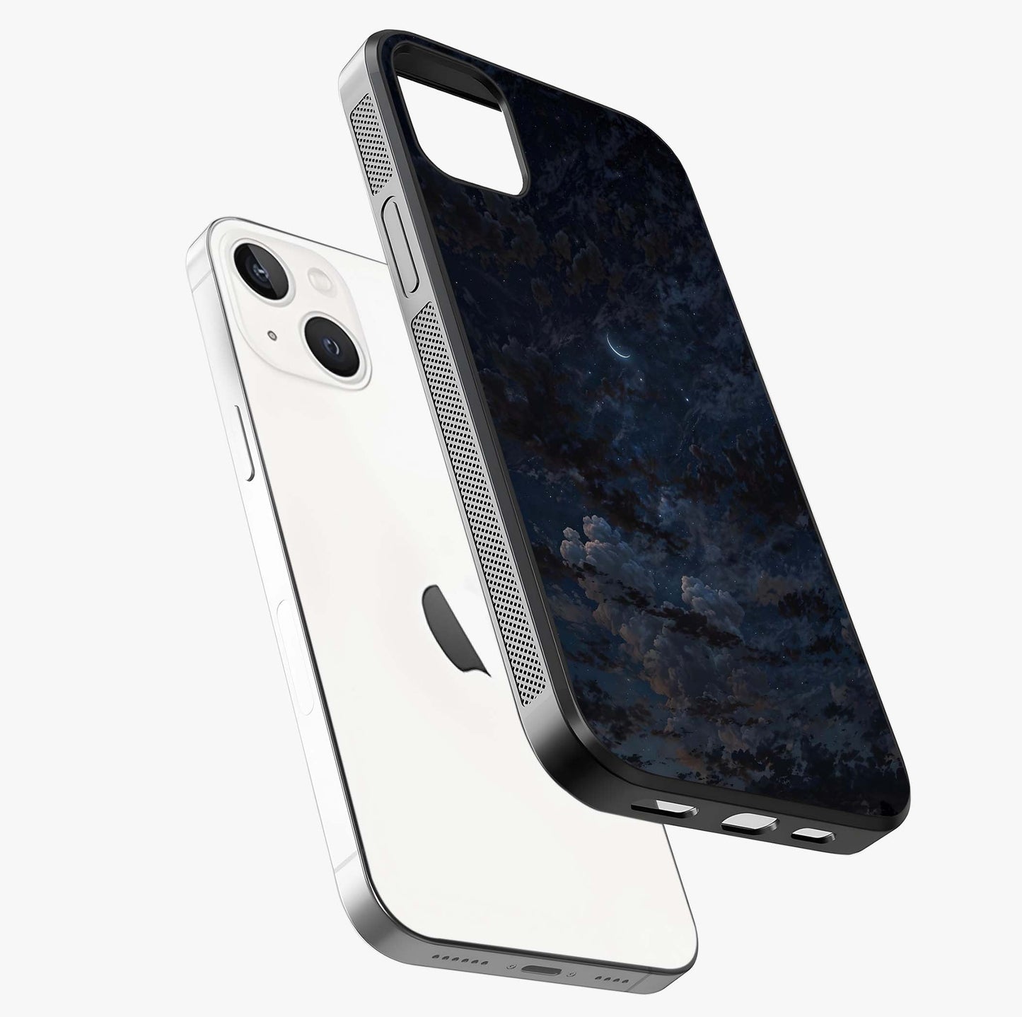 Lunar Veil Silence Glass Case laid diagonally highlighting side profile, edges and glossy glass shine.