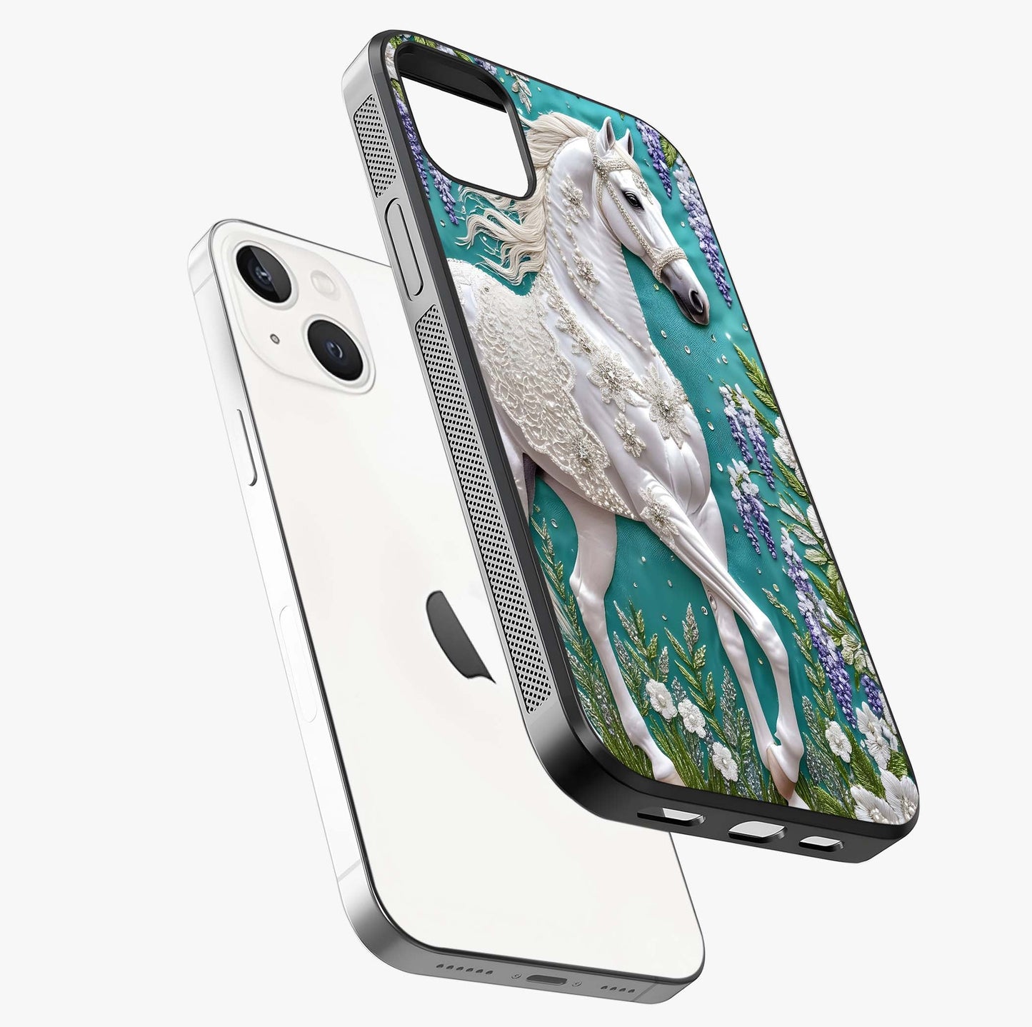 Majestic Floral Stallion Glass Case laid diagonally highlighting side profile, edges and glossy glass shine.