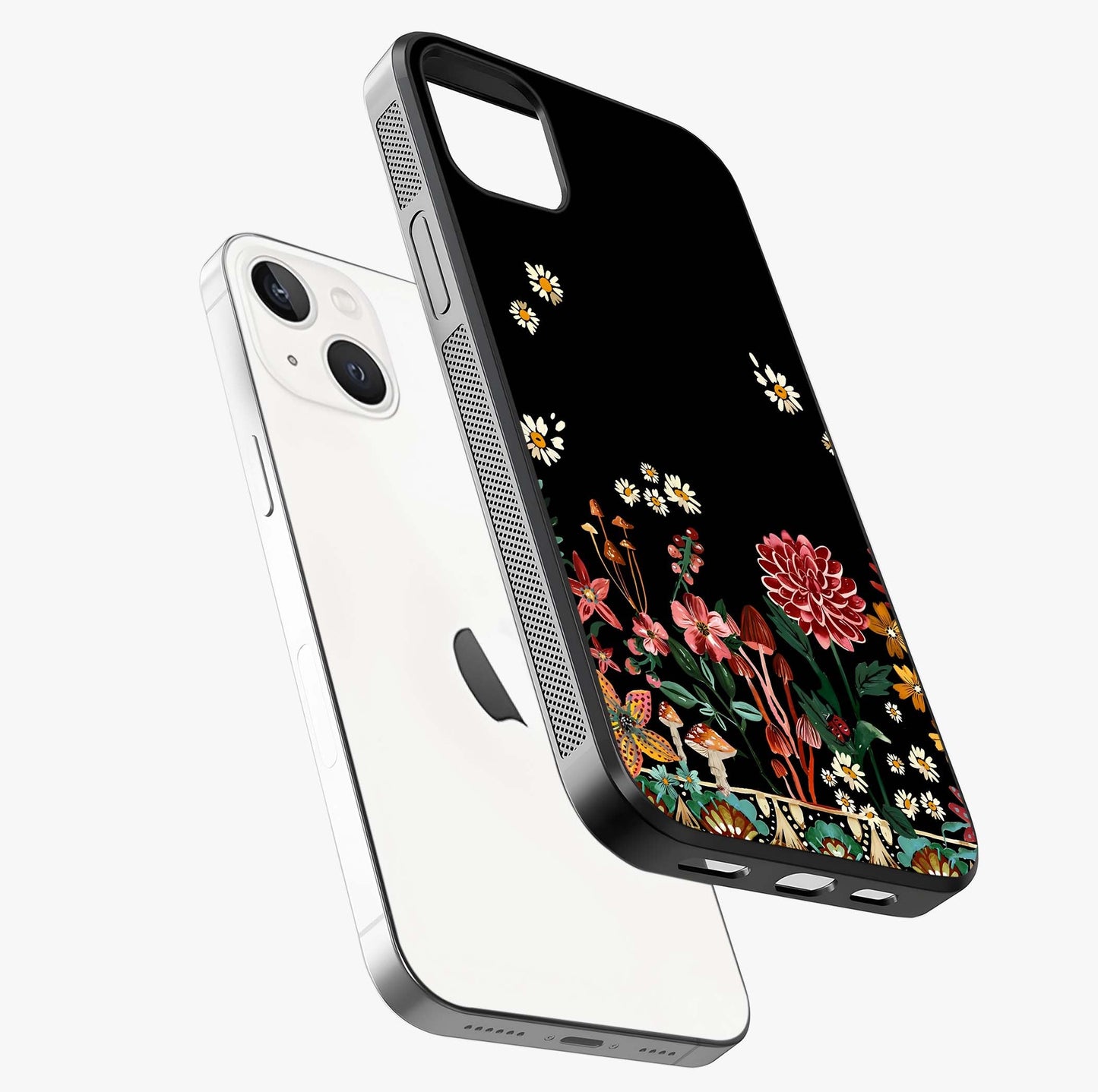 Midnight Bloom Pattern Glass Case laid diagonally highlighting side profile, edges and glossy glass shine.