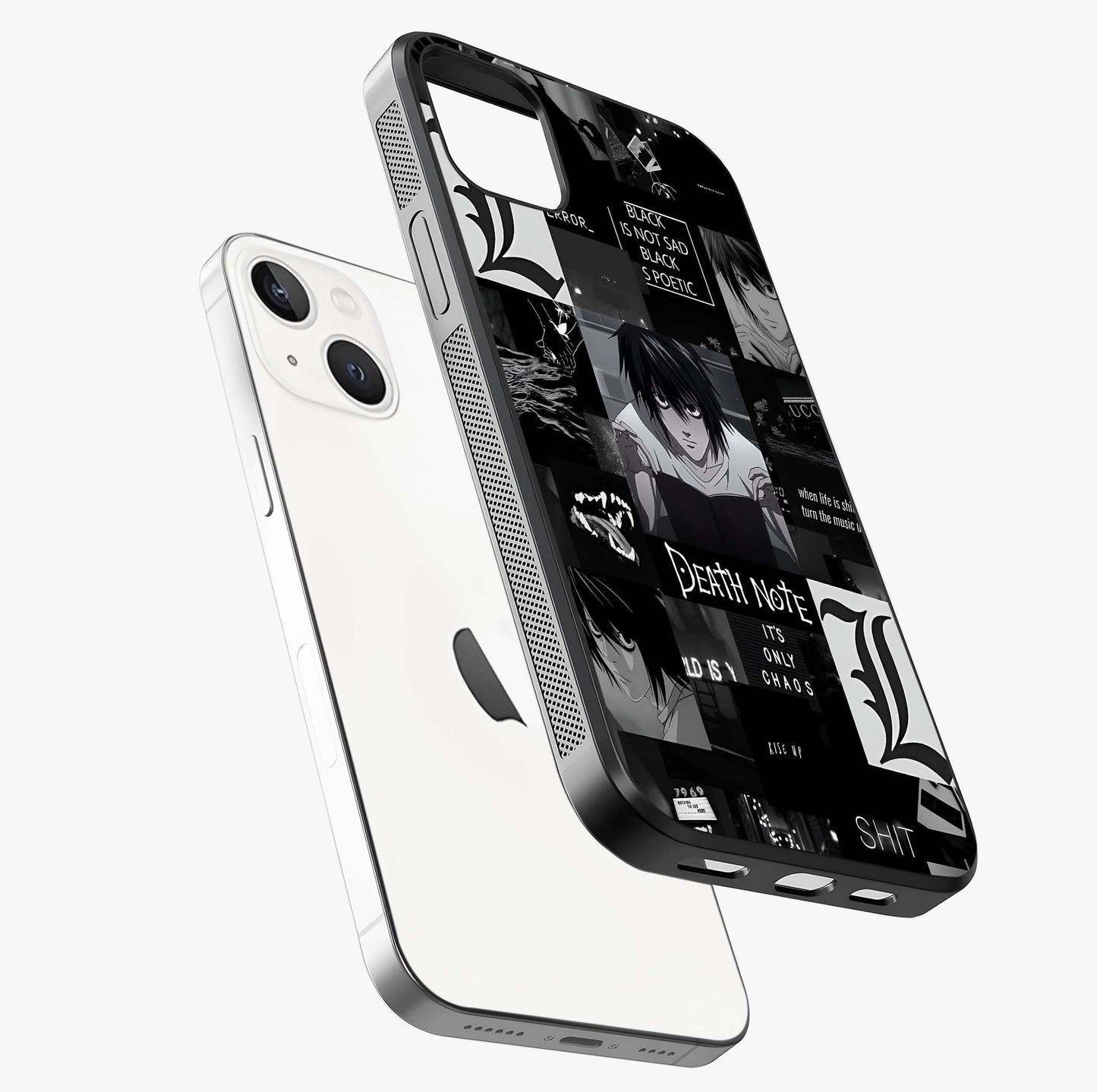 Midnight Chaos Mind Glass Case laid diagonally highlighting side profile, edges and glossy glass shine.