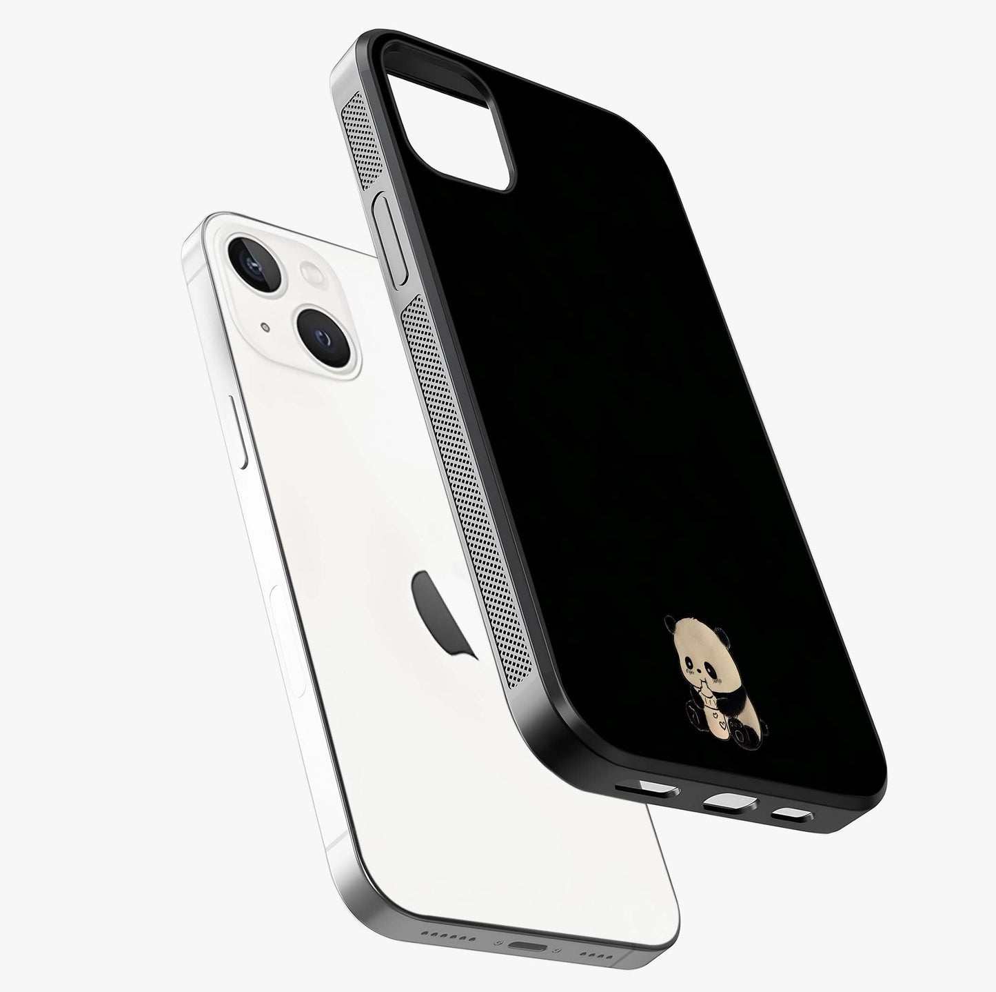 Midnight Panda Love Glass Case laid diagonally highlighting side profile, edges and glossy glass shine.