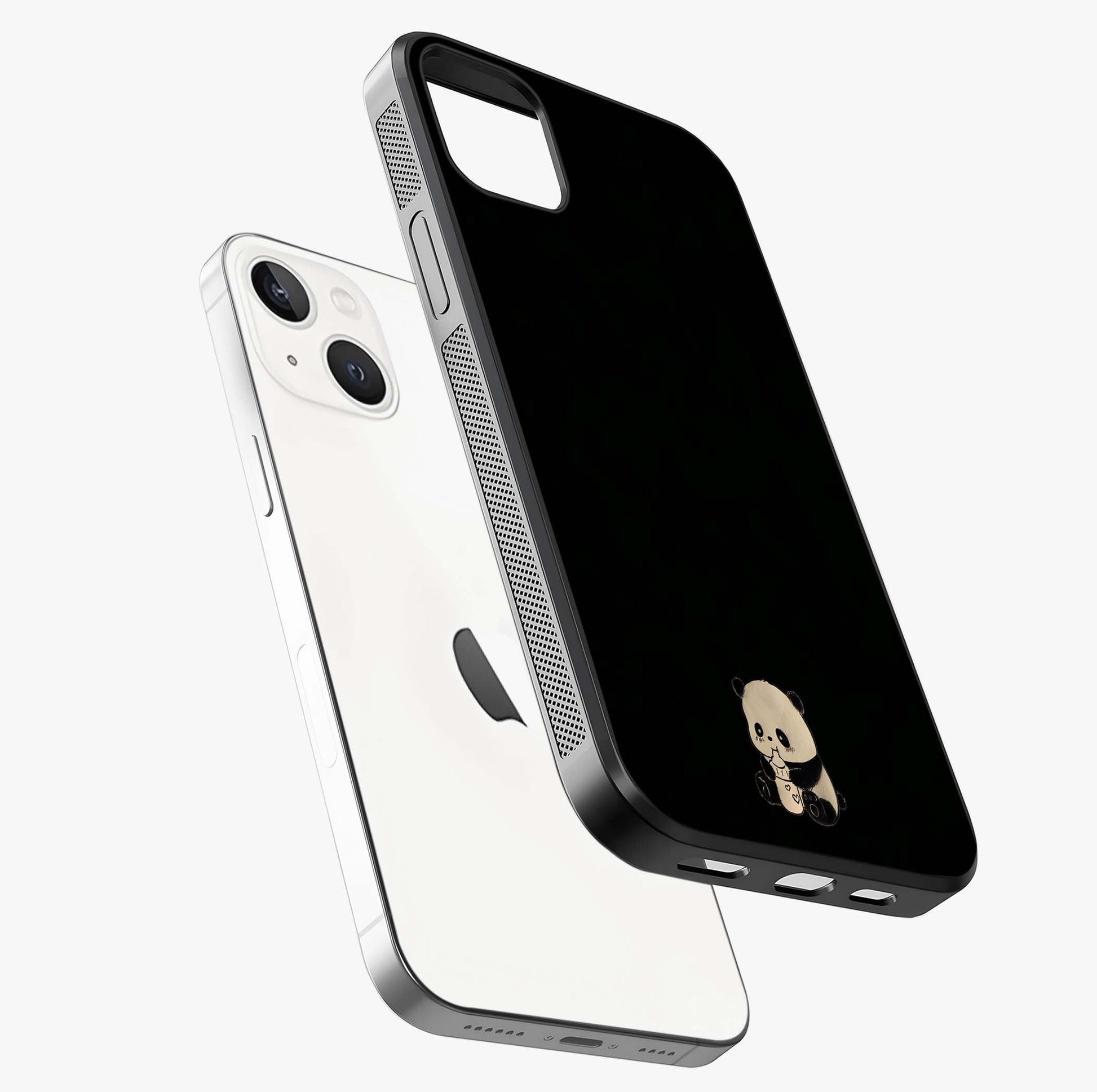 Midnight Panda Love Glass Case laid diagonally highlighting side profile, edges and glossy glass shine.