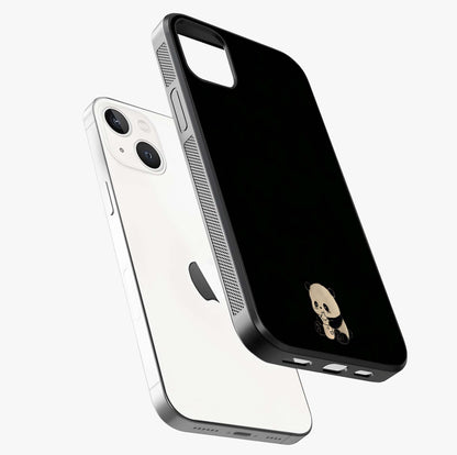 Midnight Panda Love Glass Case laid diagonally highlighting side profile, edges and glossy glass shine.