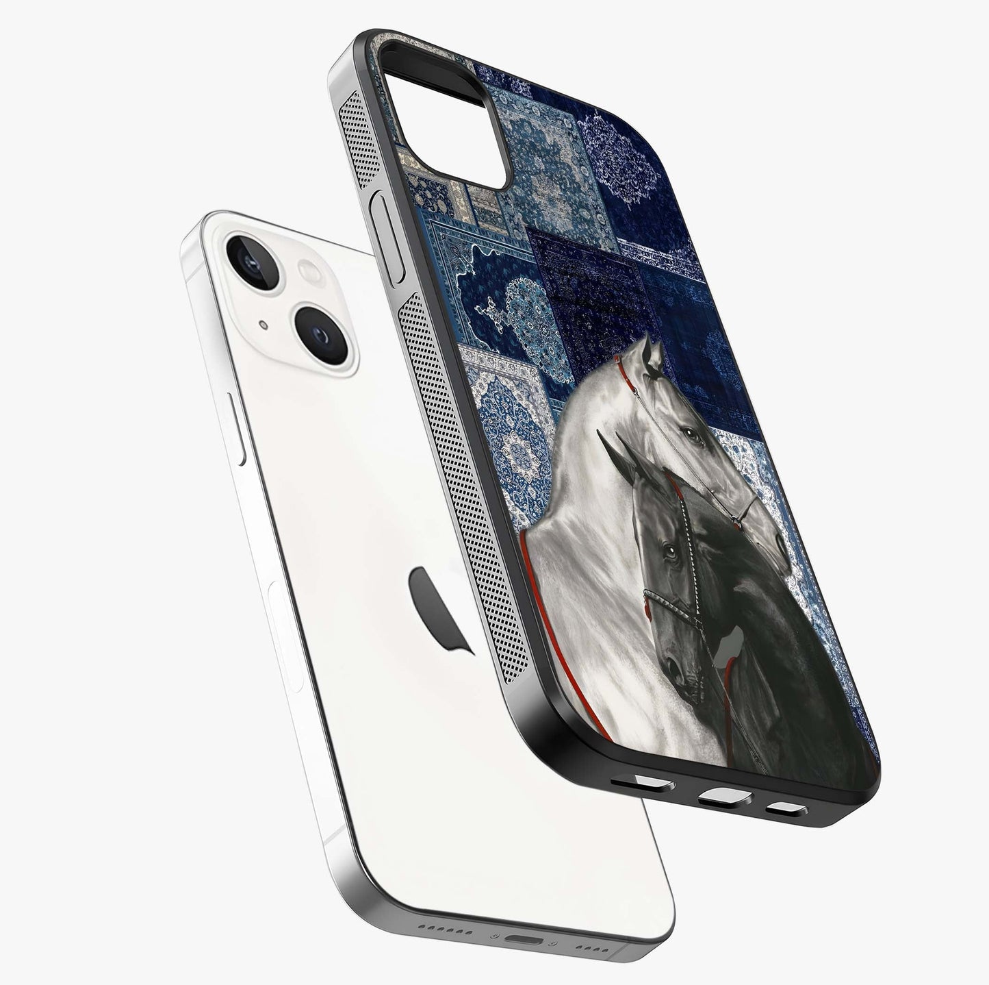 Midnight Stallion Blues Glass Case laid diagonally highlighting side profile, edges and glossy glass shine.