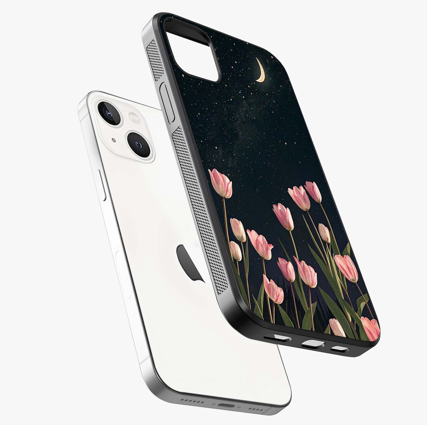 Midnight Tulip Whispers Vibe Glass Case laid diagonally highlighting side profile, edges and glossy glass shine.