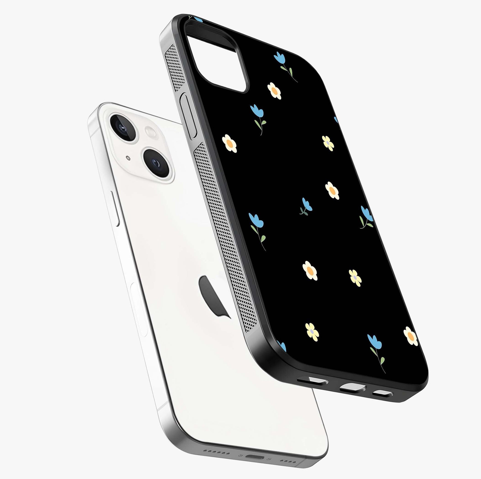 Minimalistic Blue With White Flower Pattern Glass Case laid diagonally highlighting side profile, edges and glossy glass shine.