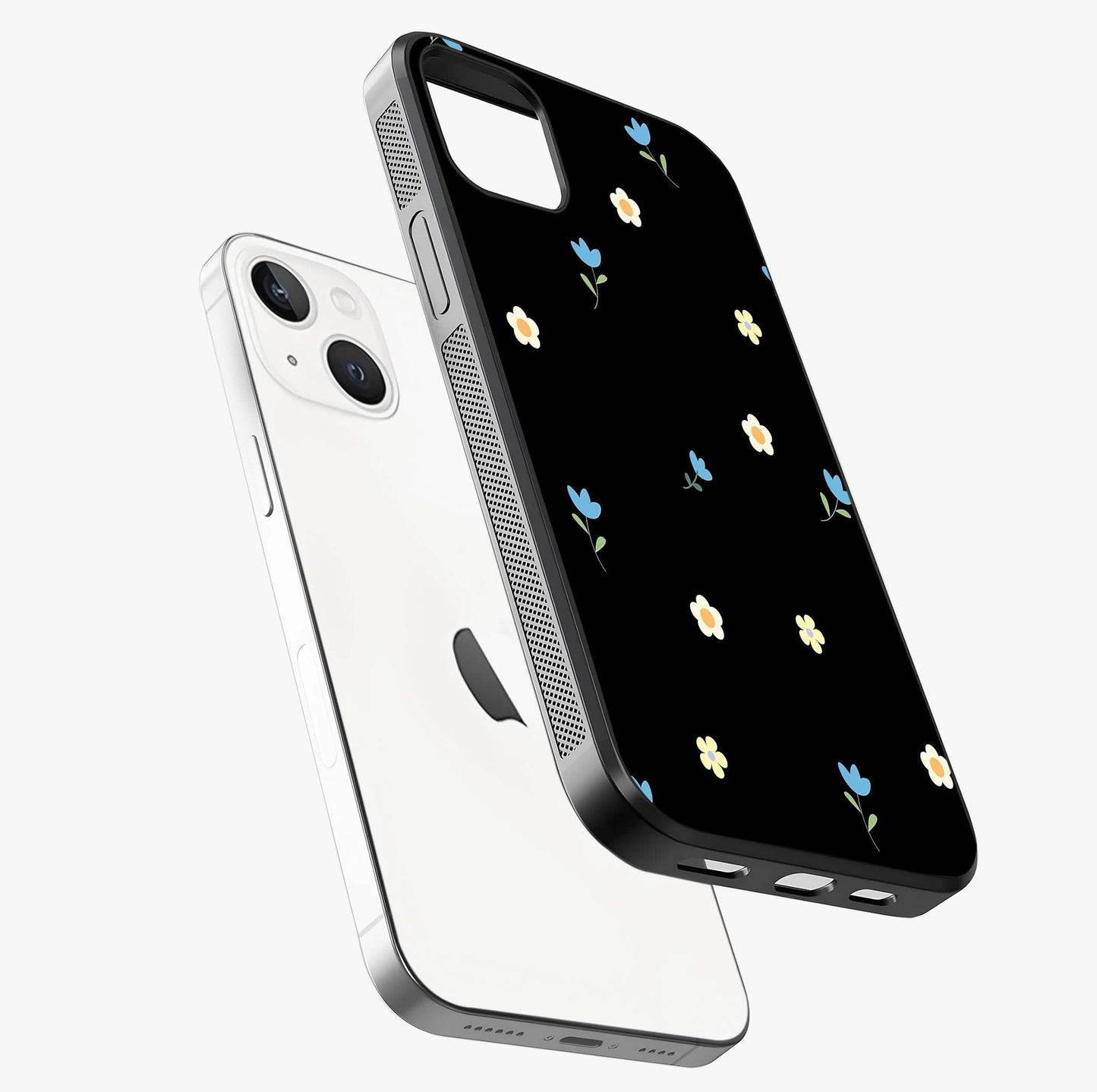 Minimalistic Blue With White Flower Pattern Glass Case laid diagonally highlighting side profile, edges and glossy glass shine.