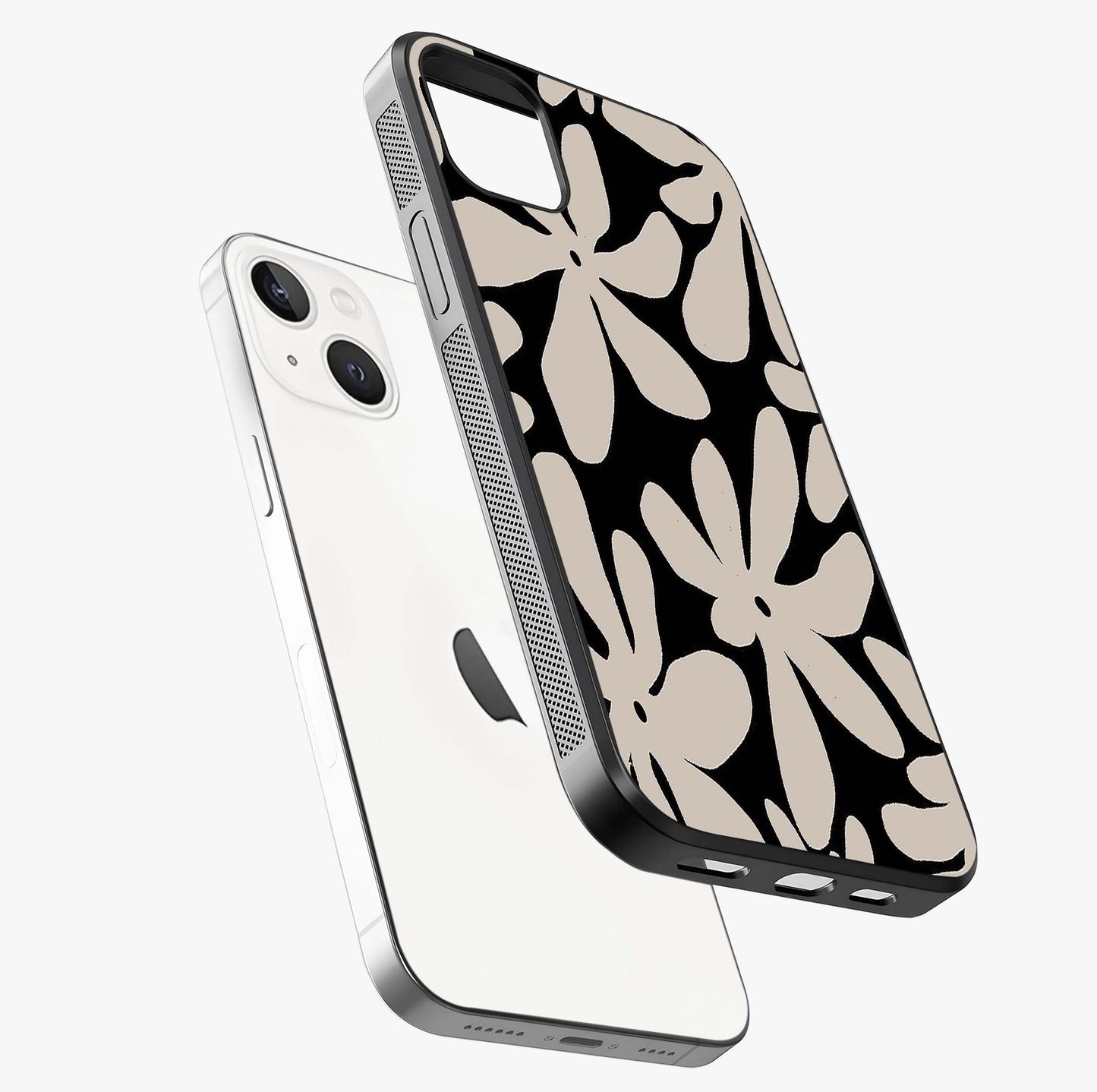 Monochrome Petal Dance Glass Case laid diagonally highlighting side profile, edges and glossy glass shine.