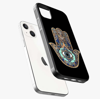 Mystic Hamsa Eye Glass Case laid diagonally highlighting side profile, edges and glossy glass shine.