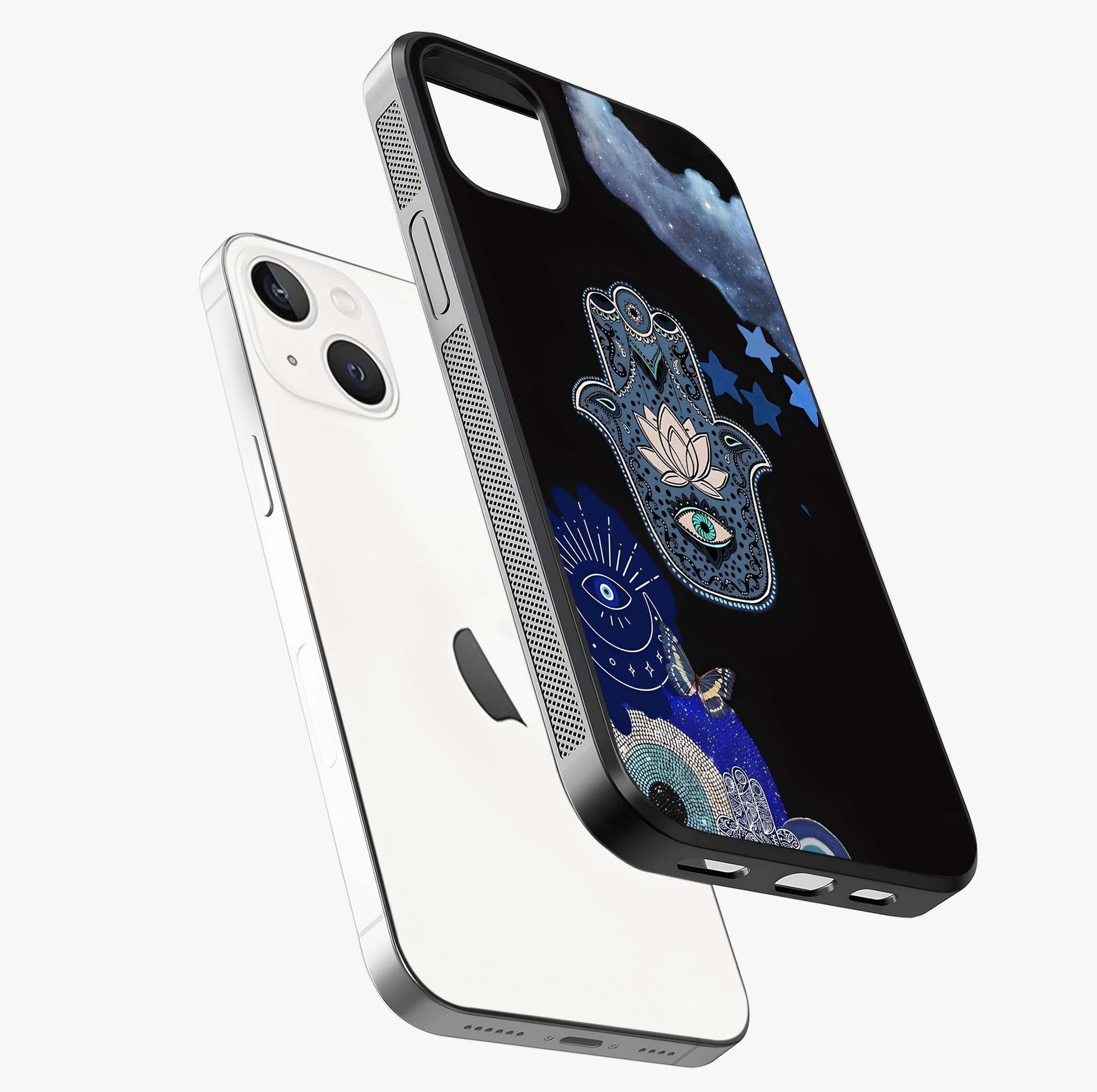 Mystic Hand Aura Glass Case laid diagonally highlighting side profile, edges and glossy glass shine.
