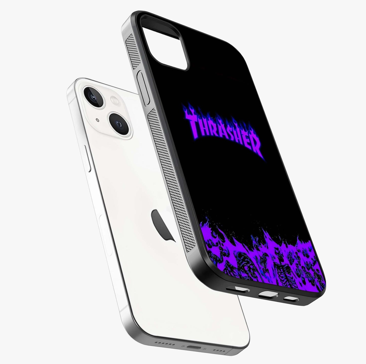 Neon Flame Riot Glass Case laid diagonally highlighting side profile, edges and glossy glass shine.