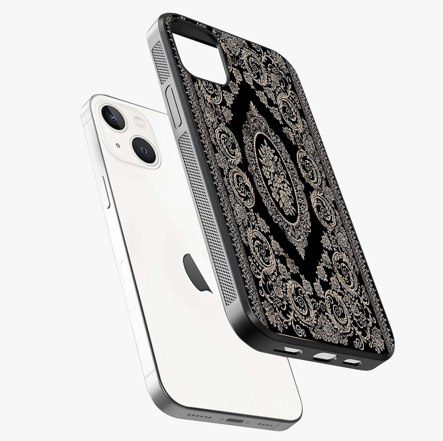 Noir Bloom Elegance Glass Case laid diagonally highlighting side profile, edges and glossy glass shine.