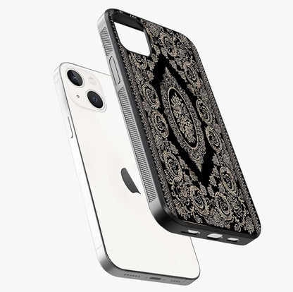Noir Bloom Elegance Glass Case laid diagonally highlighting side profile, edges and glossy glass shine.