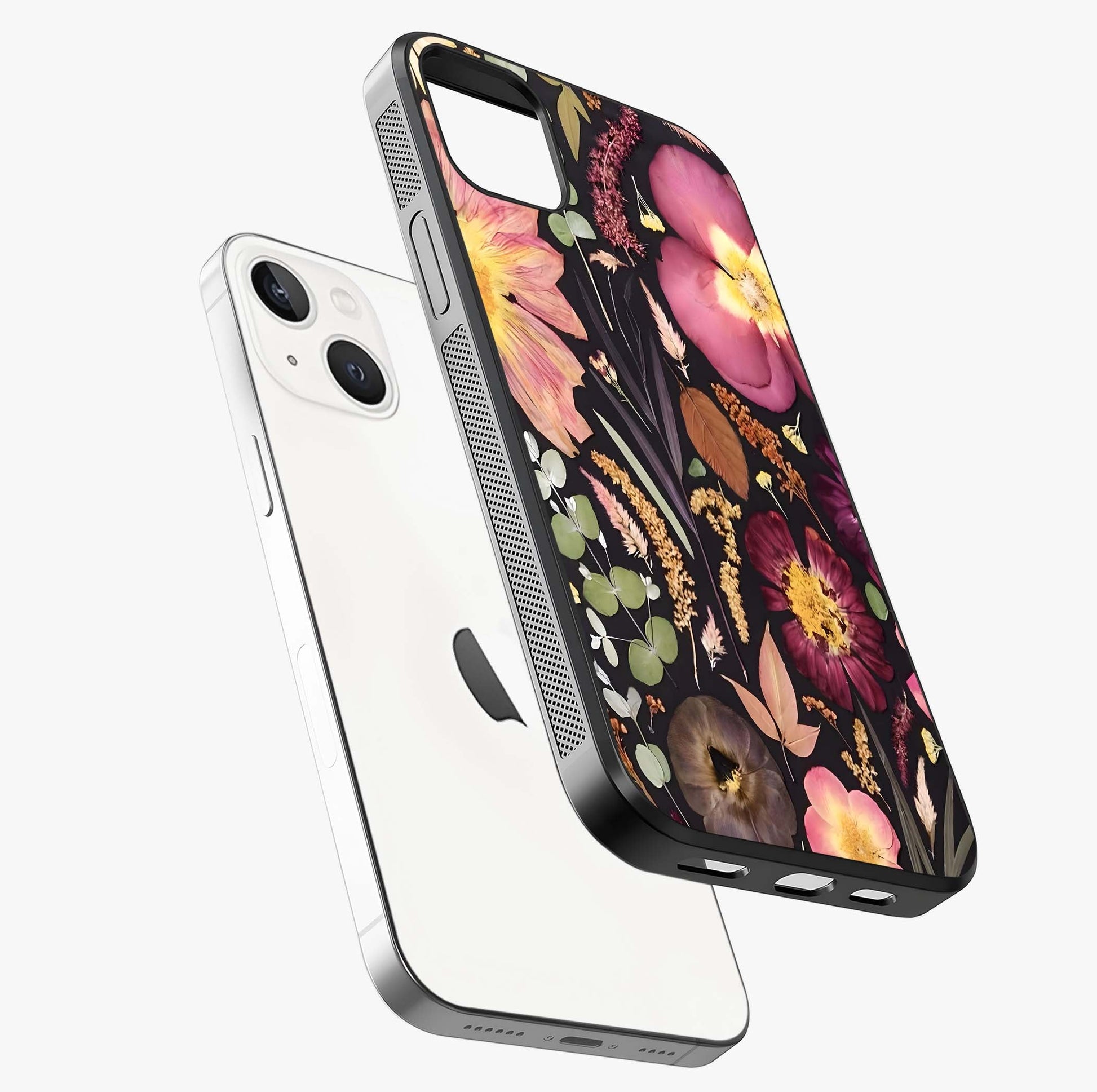 Petal Dream Tapestry Glass Case laid diagonally highlighting side profile, edges and glossy glass shine.
