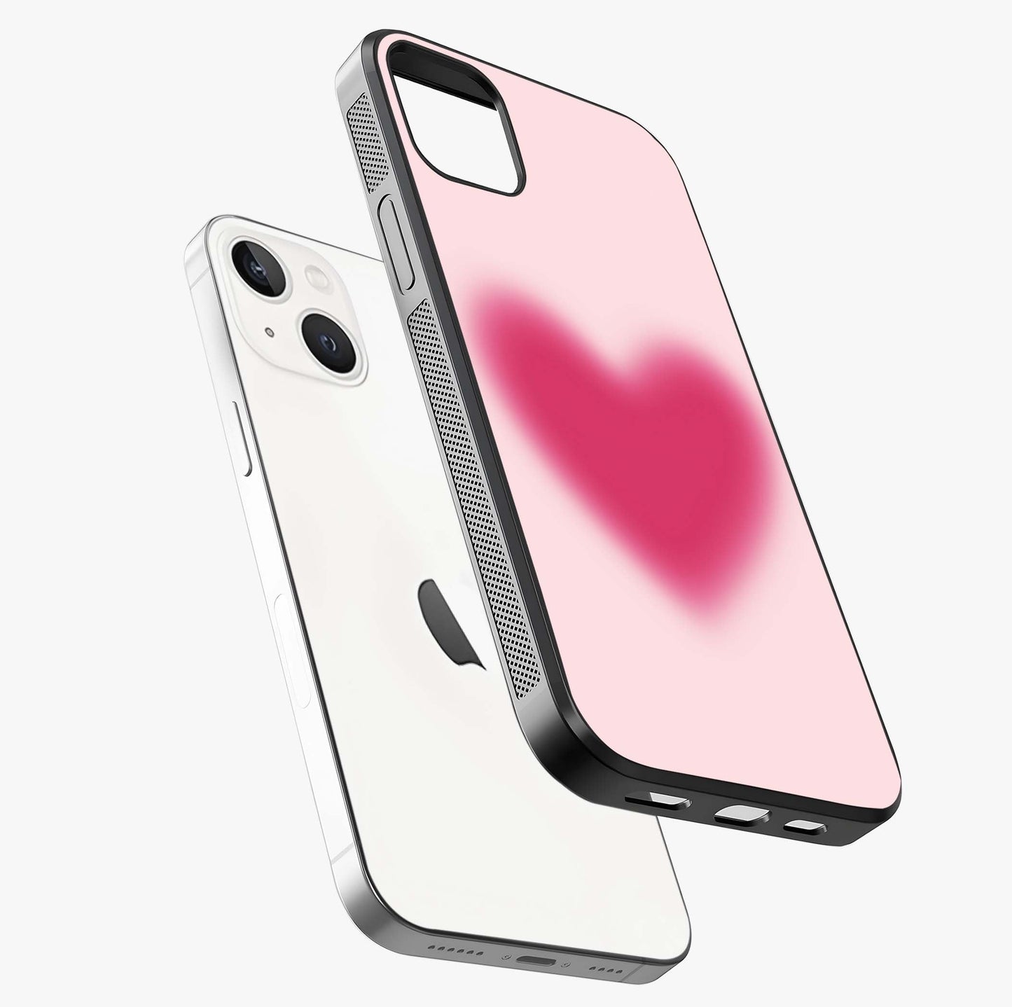Pink Aura Heart Glass Case laid diagonally highlighting side profile, edges and glossy glass shine.