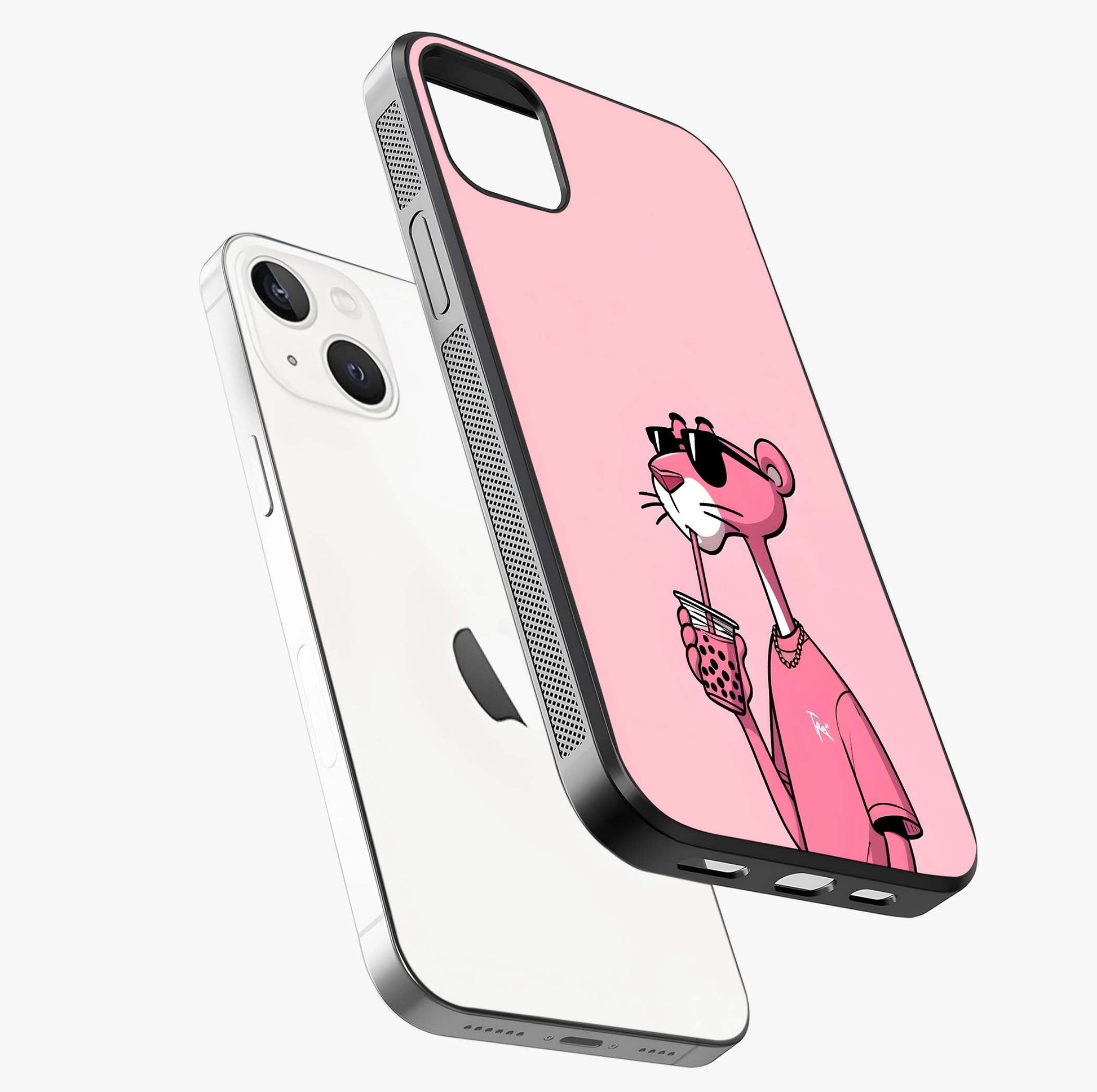 Pink Panther Glass Case laid diagonally highlighting side profile, edges and glossy glass shine.