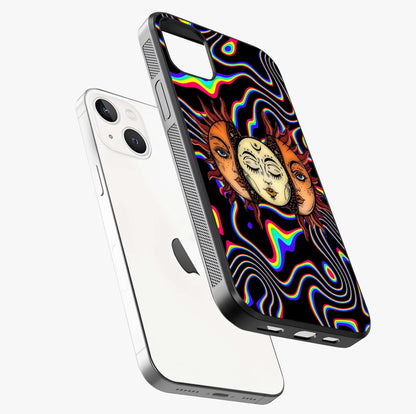 Psychedelic Sun Glass Case laid diagonally highlighting side profile, edges and glossy glass shine.